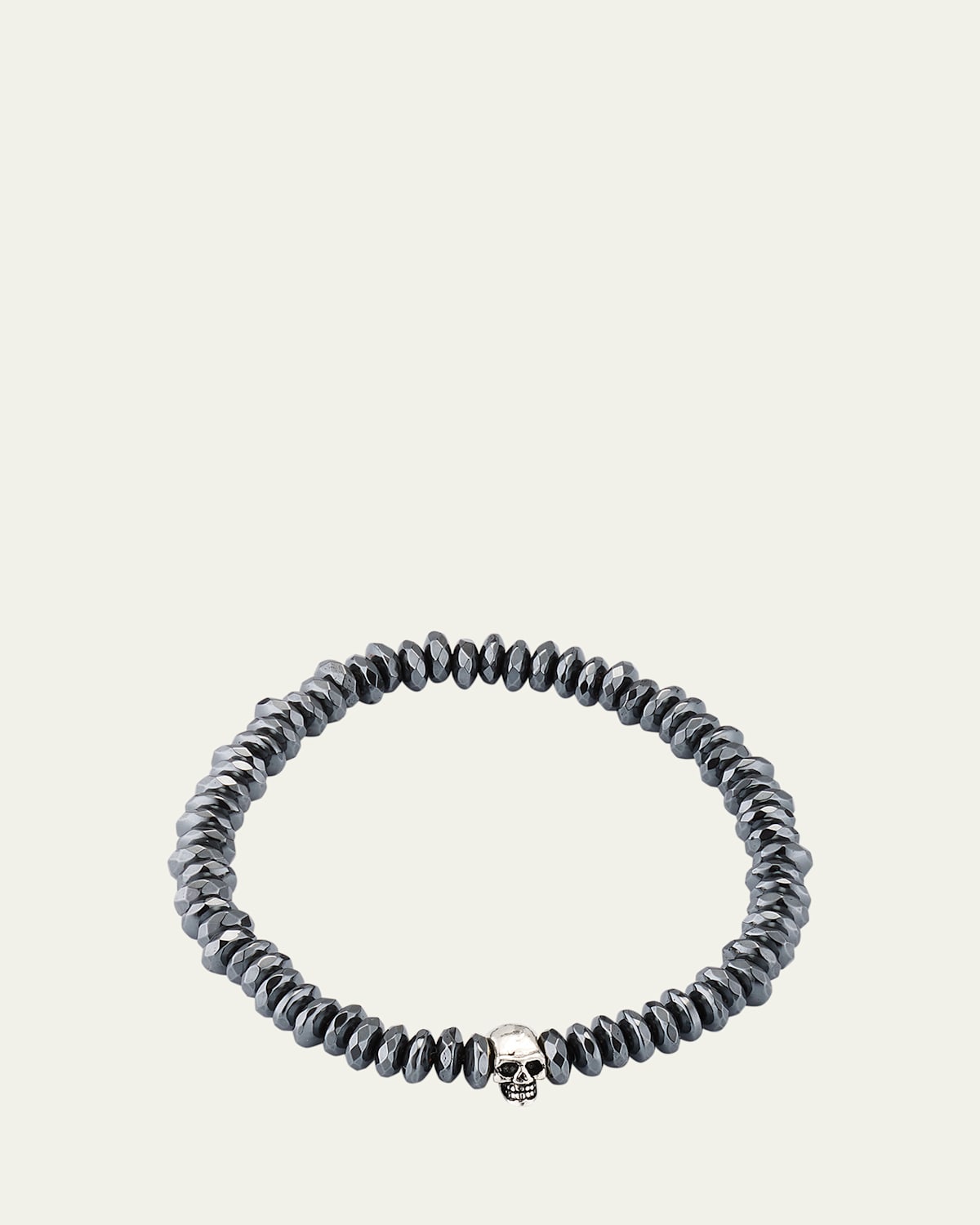 Men's Hematite Beaded Bracelet with Sterling Silver Skull