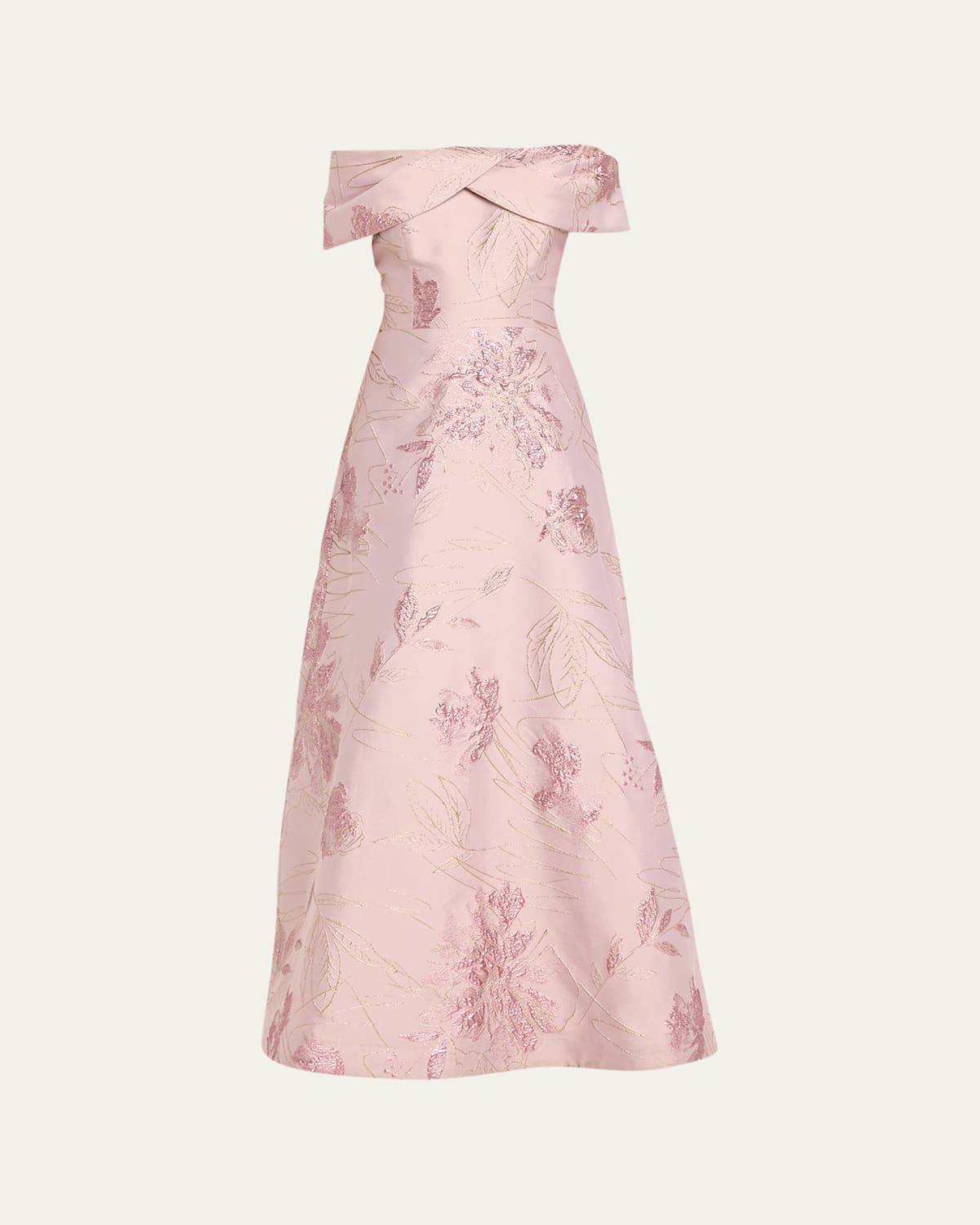 Rickie Freeman For Teri Jon Off-shoulder Metallic Floral Jacquard Gown In Mauve Multi