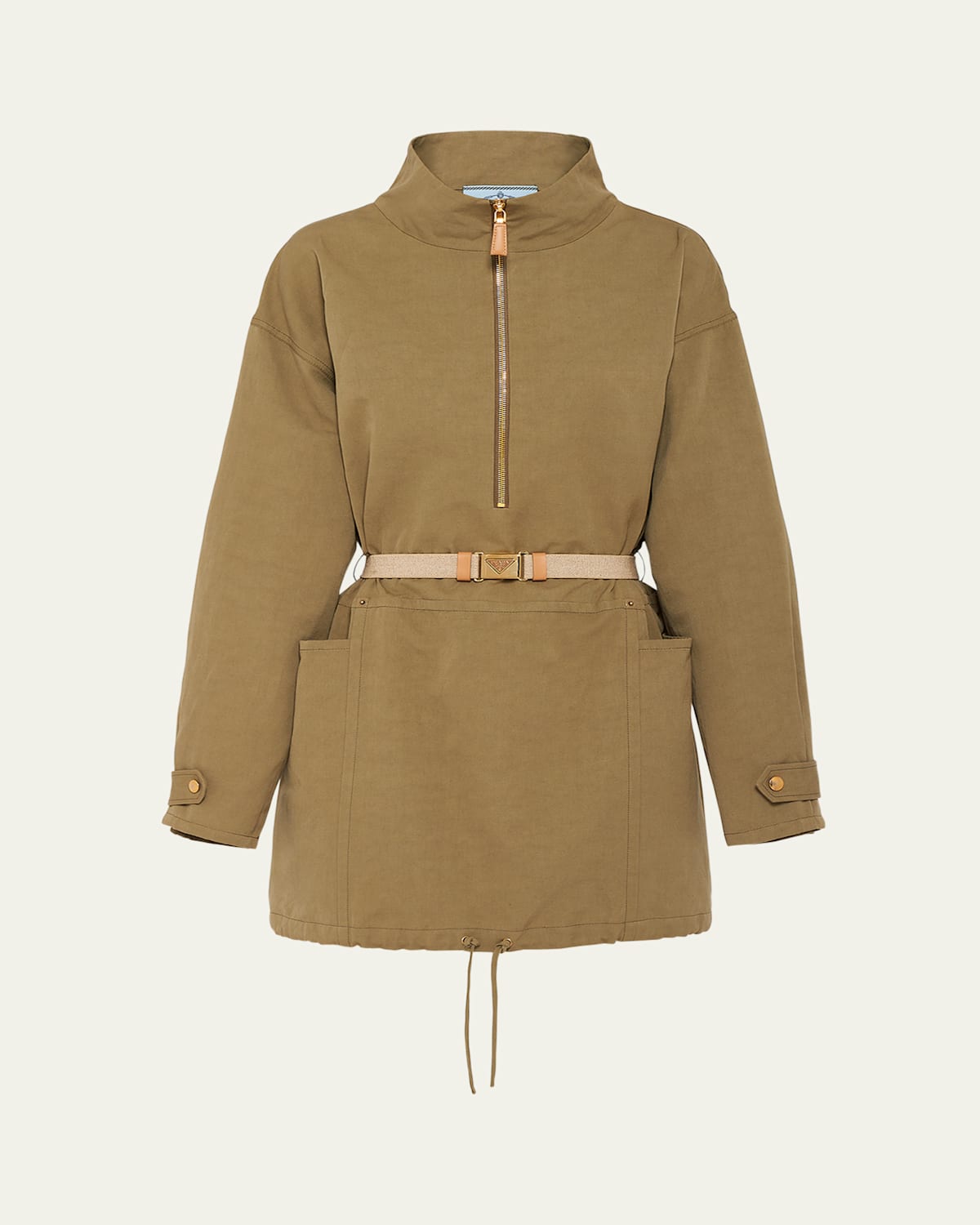 PRADA DRAWSTRING BELTED PANAMA COTTON MINI DRESS 