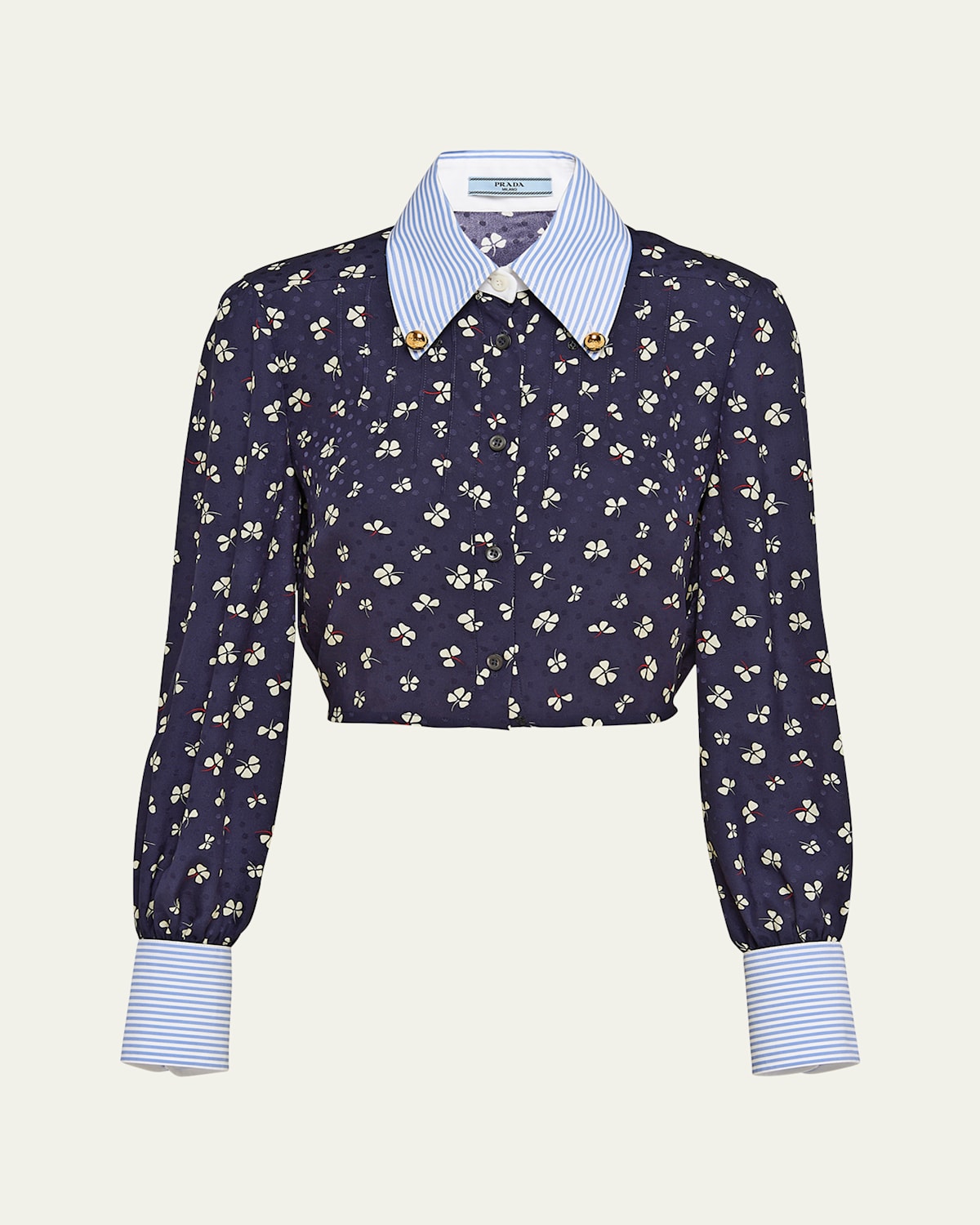 Prada Mixed-print Crop Button Down Silk Shirt In Bleu