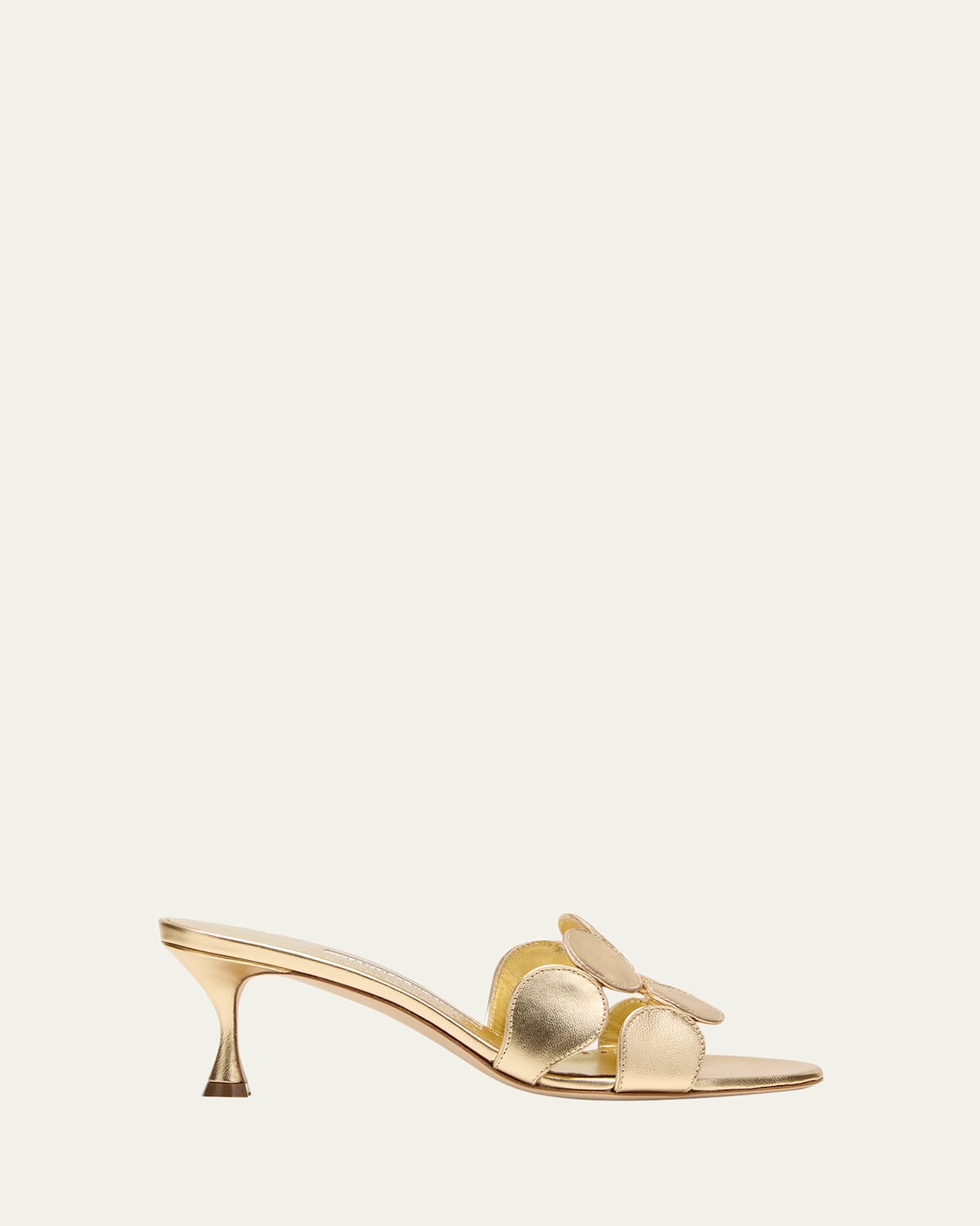 MANOLO BLAHNIK HARIBALMU METALLIC STILETTO SLIDE SANDALS 