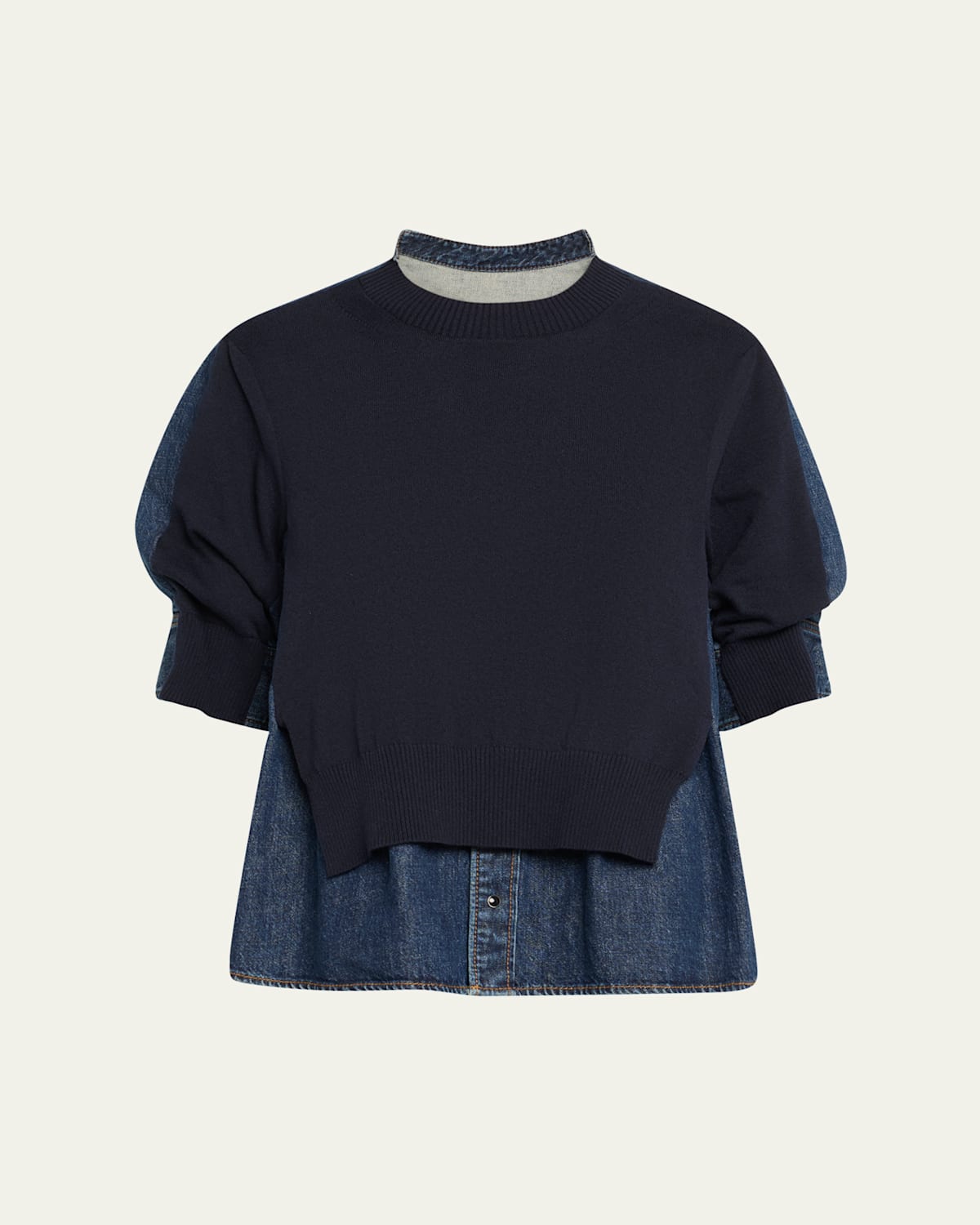 Sacai Layered Knit And Denim Shirt In Blue