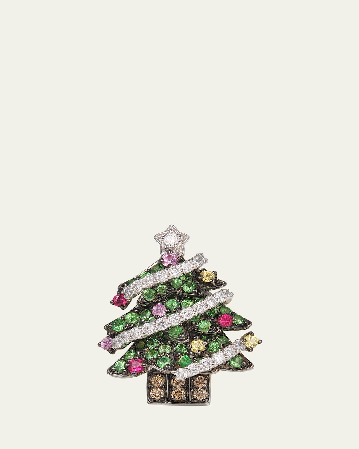18K White Gold Christmas Tree Brooch with Diamonds and Gemstones