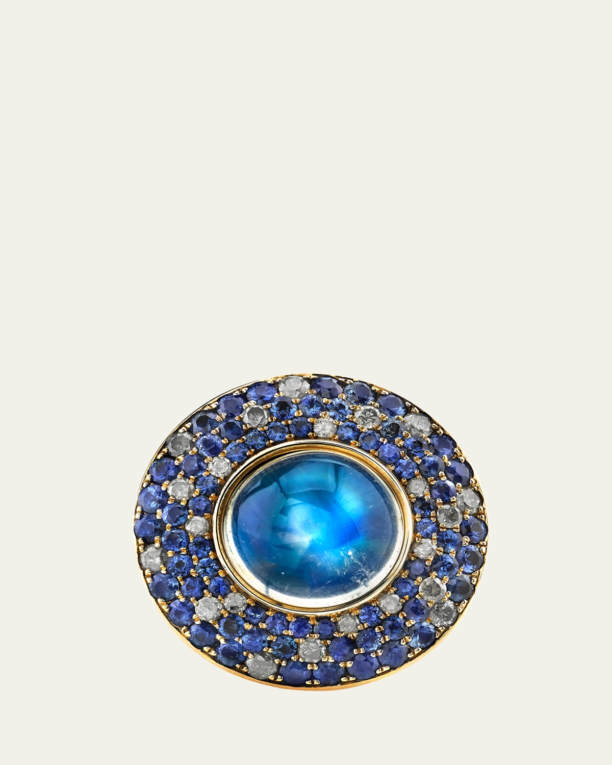 One of a Kind UFO 18K Yellow Gold Moonstone Ring with Sapphire and Diamonds, Size 6.5