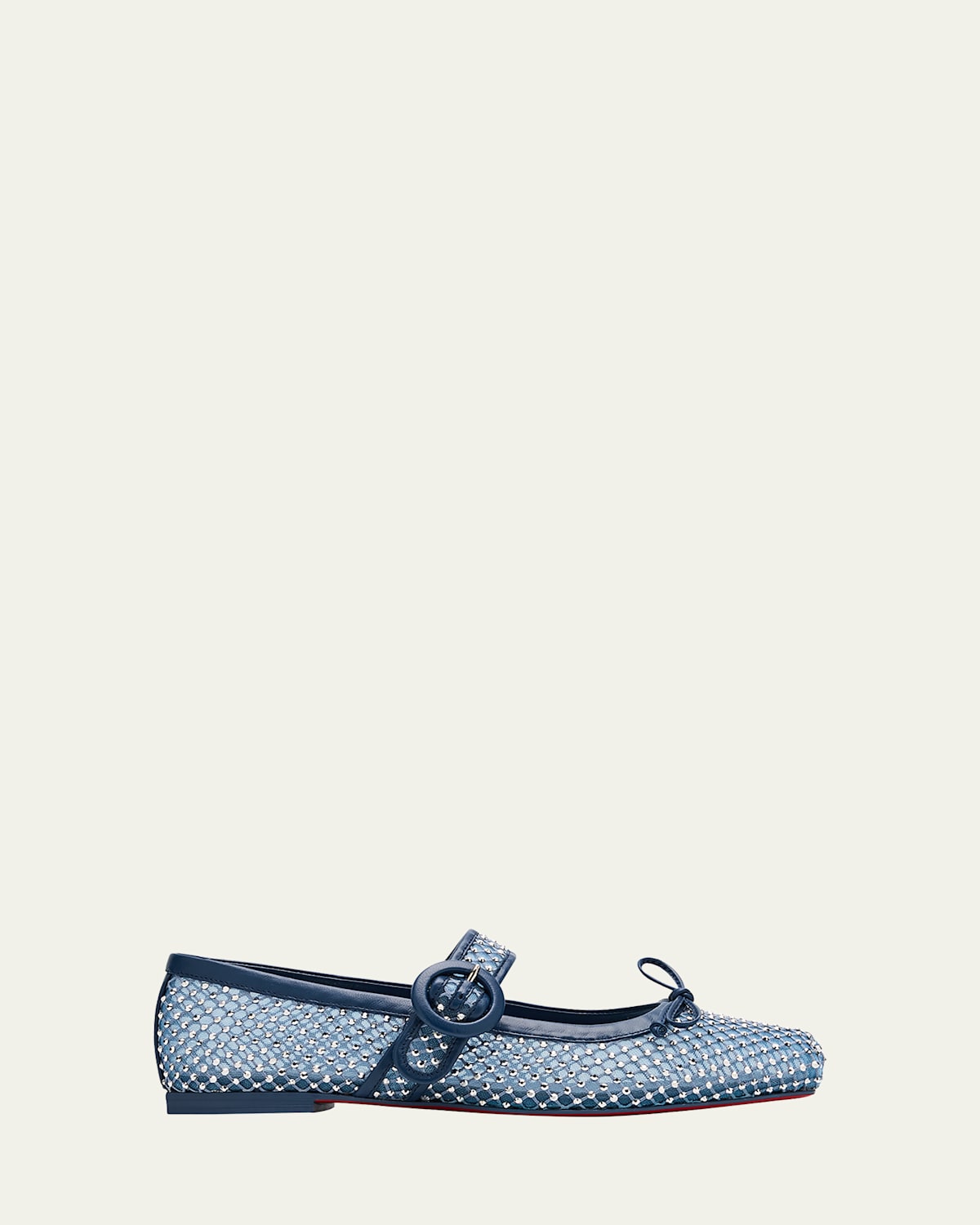 Christian Louboutin Mesh Net Mary Jane Red Sole Ballerina Flats In Denim/crystal