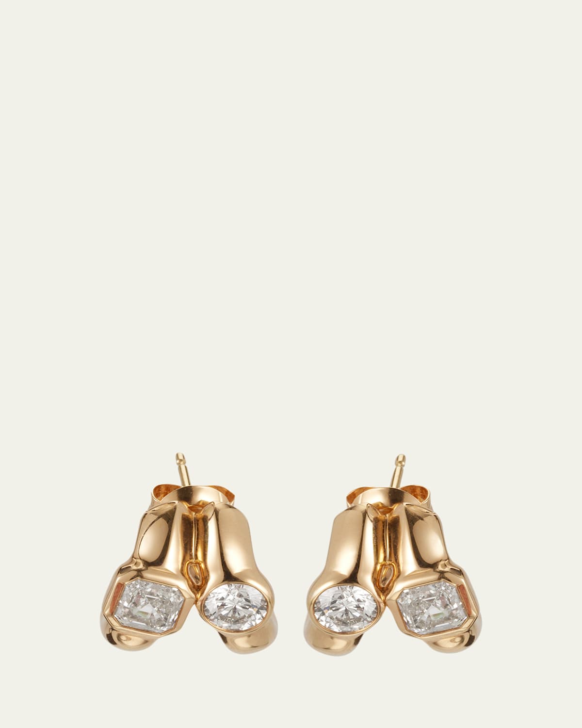 Twin Tusk 18K Yellow Gold Huggie Earrings With Asscher-Cut And Round Stones