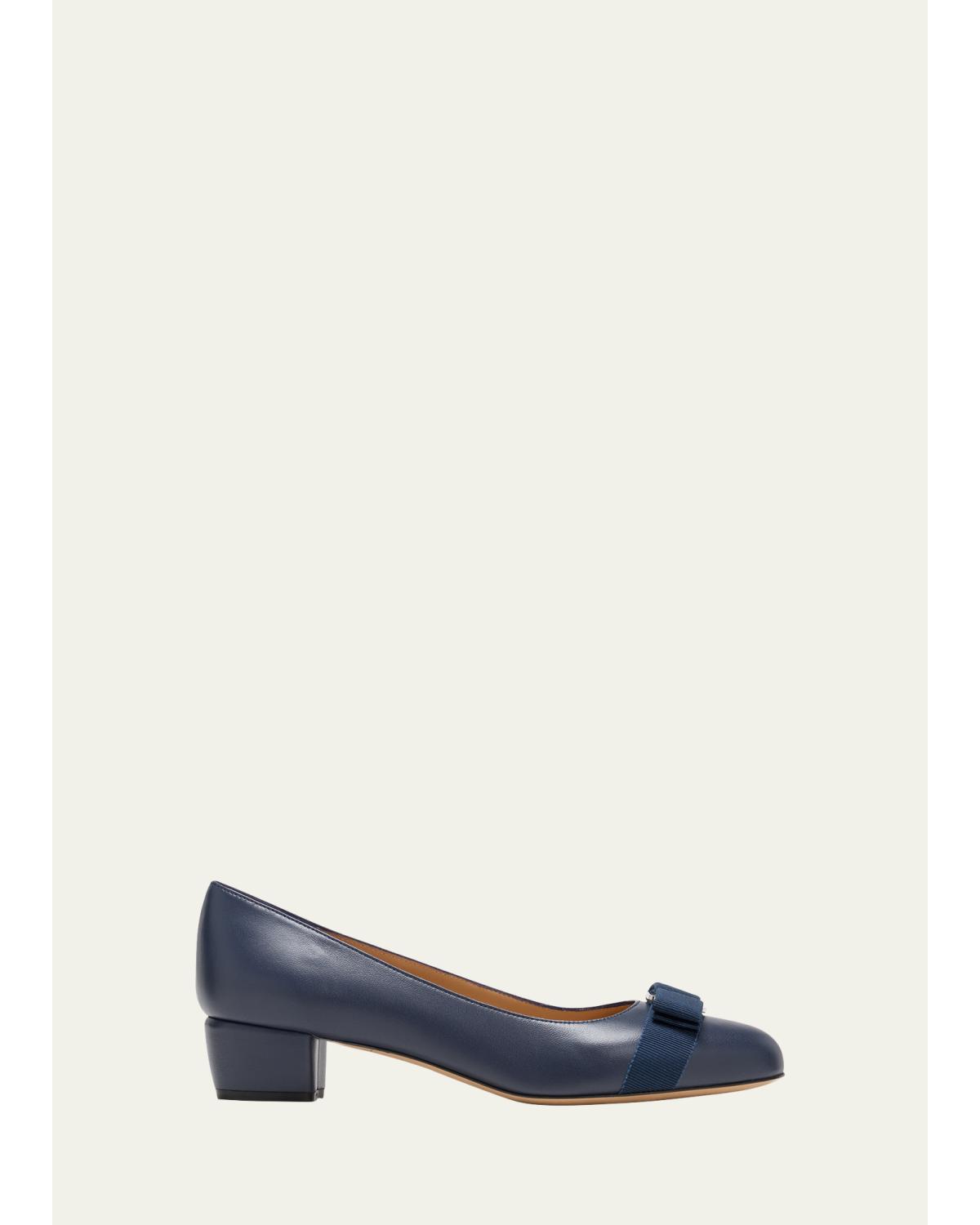 Ferragamo Vara Leather Bow Low Pumps In Dark Blue