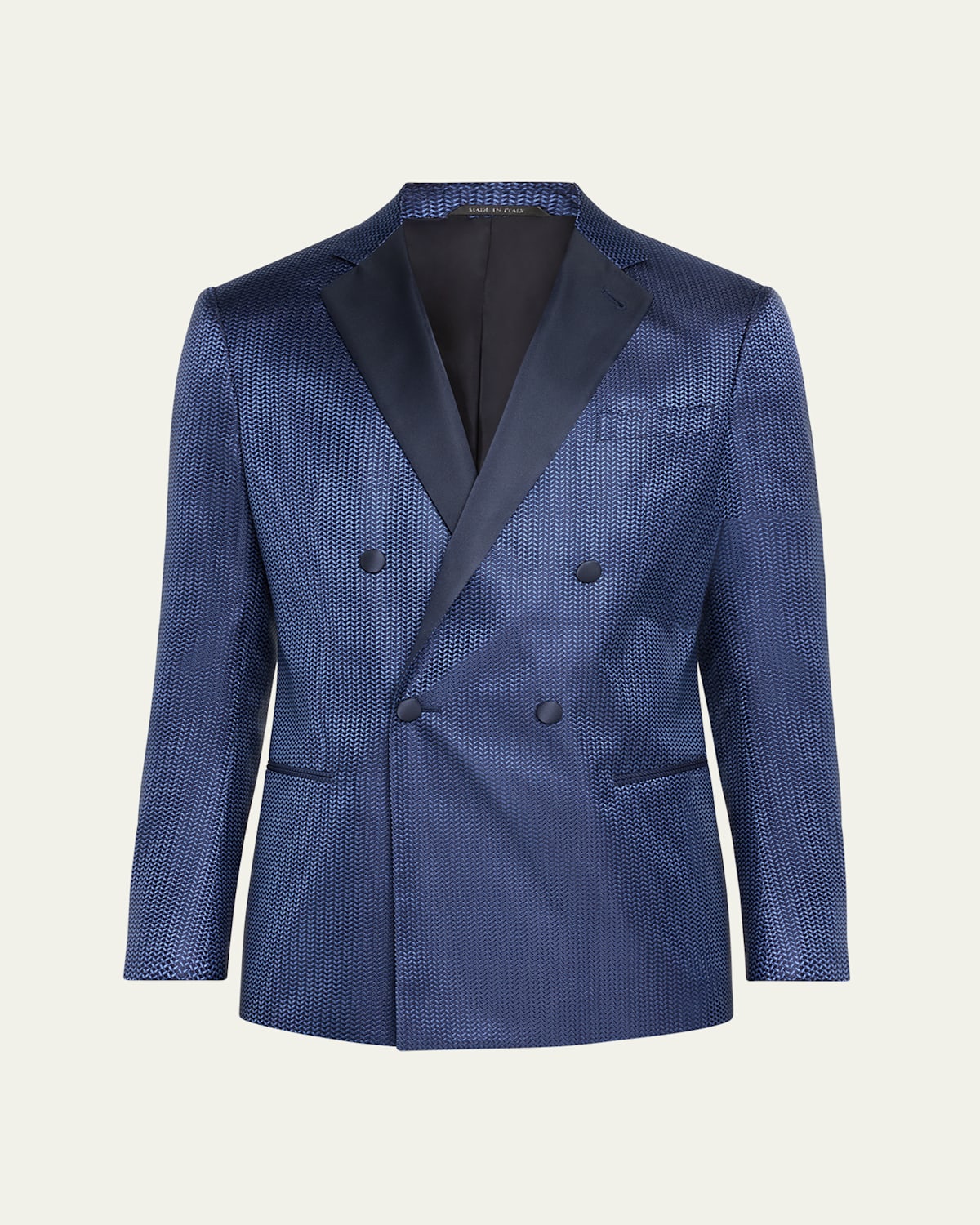 Giorgio Armani Official Store Soho Line Double-breasted Tuxedo Jacket In Silk Jacquard In Solid Dark Blue