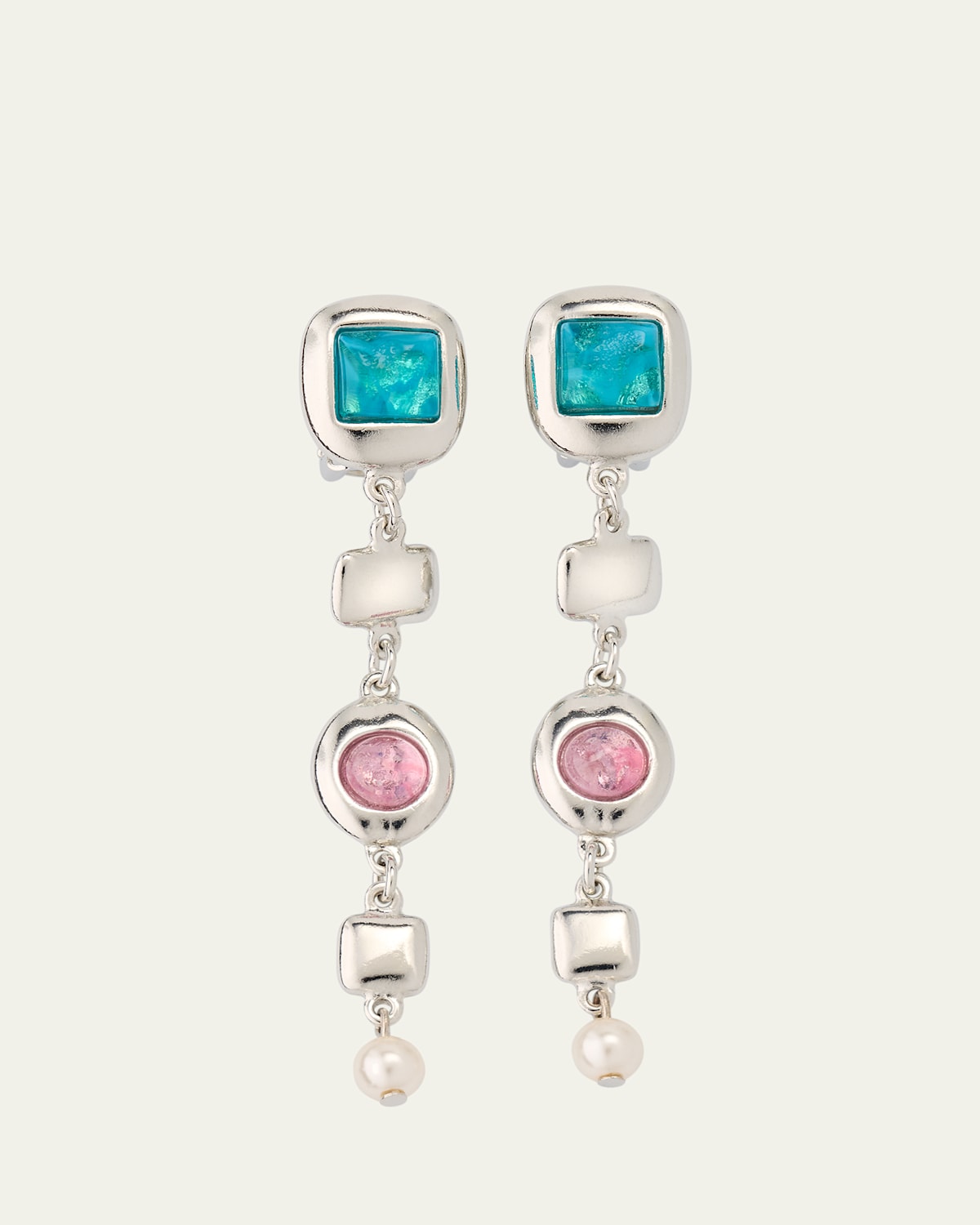 Meredith Silver Nugget Clip-On Drop Earrings with Stones and Pearls