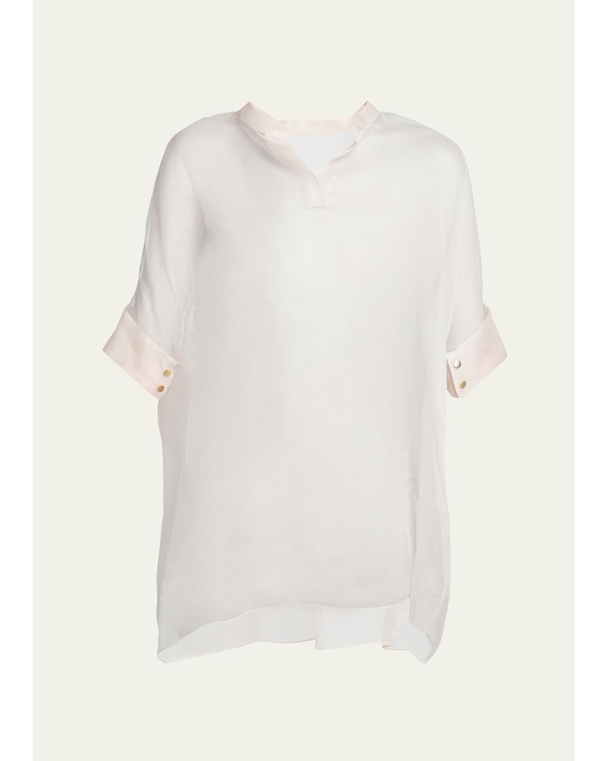 Short-Sleeve Sheer Silk Tunic Top With Cami