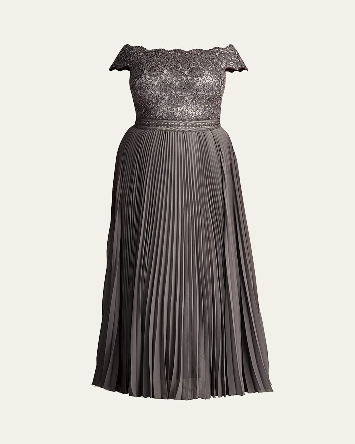 Tadashi Shoji Plus Size Off-shoulder Pleated Sequin Lace Gown In Mist