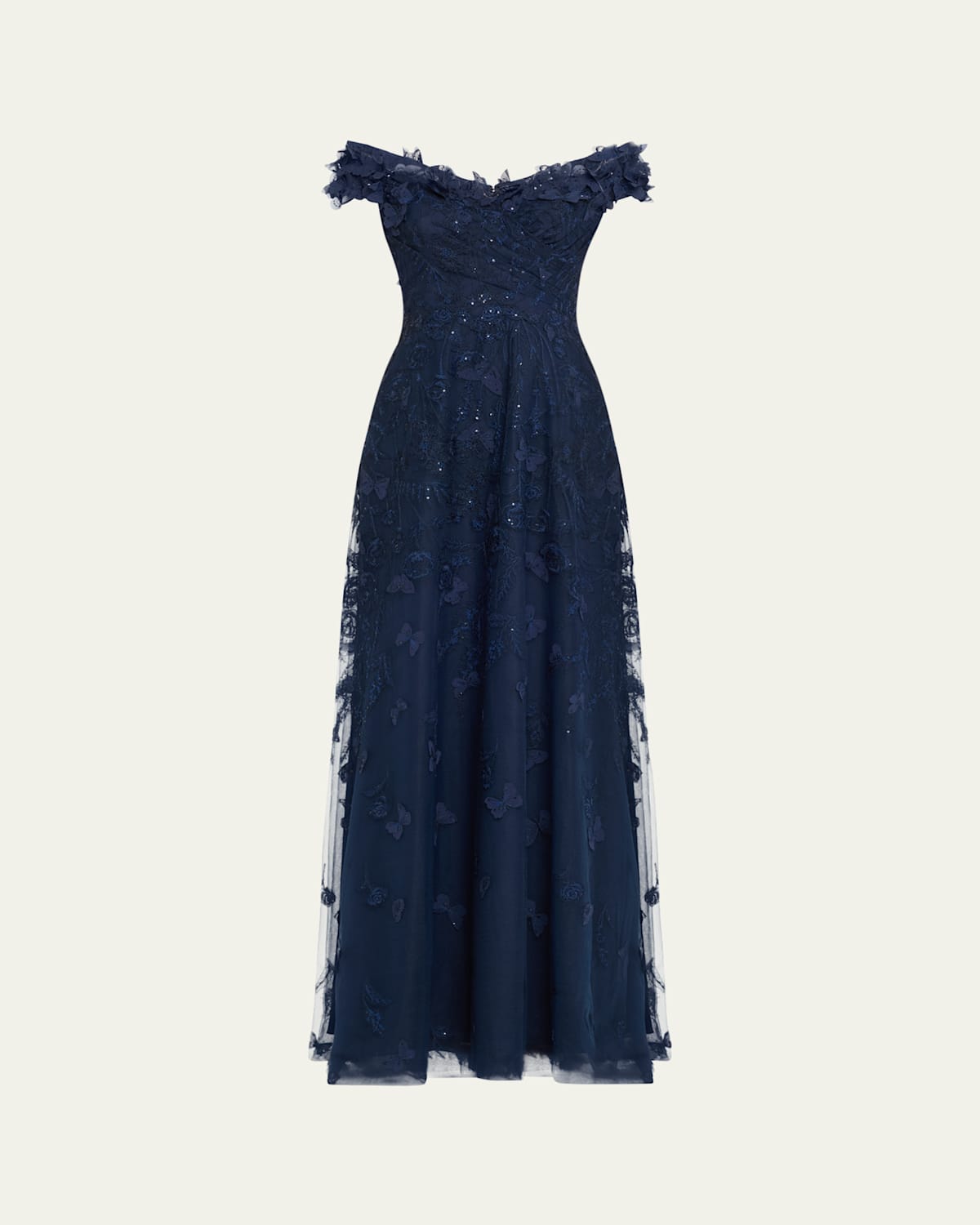 Rickie Freeman For Teri Jon Off-shoulder Floral-embroidered Tulle Gown In Navy