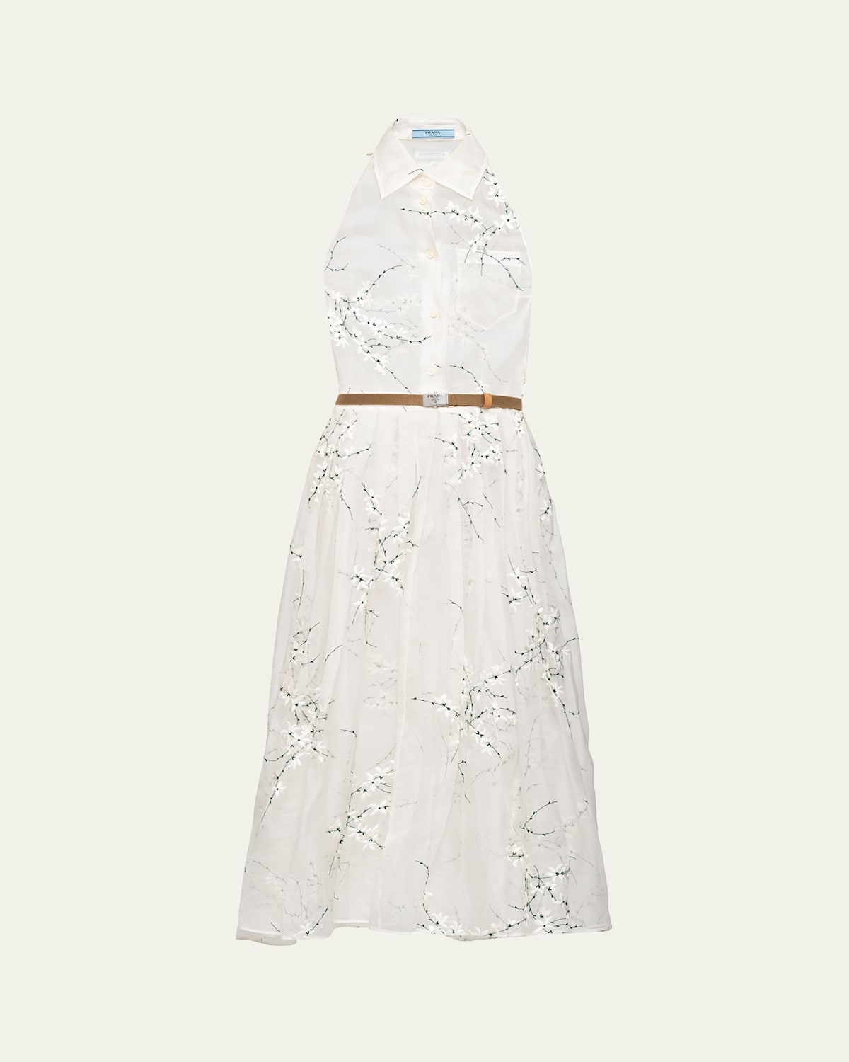 PRADA FLORAL EMBROIDERED ORGANZA FIT-FLARE MIDI DRESS 