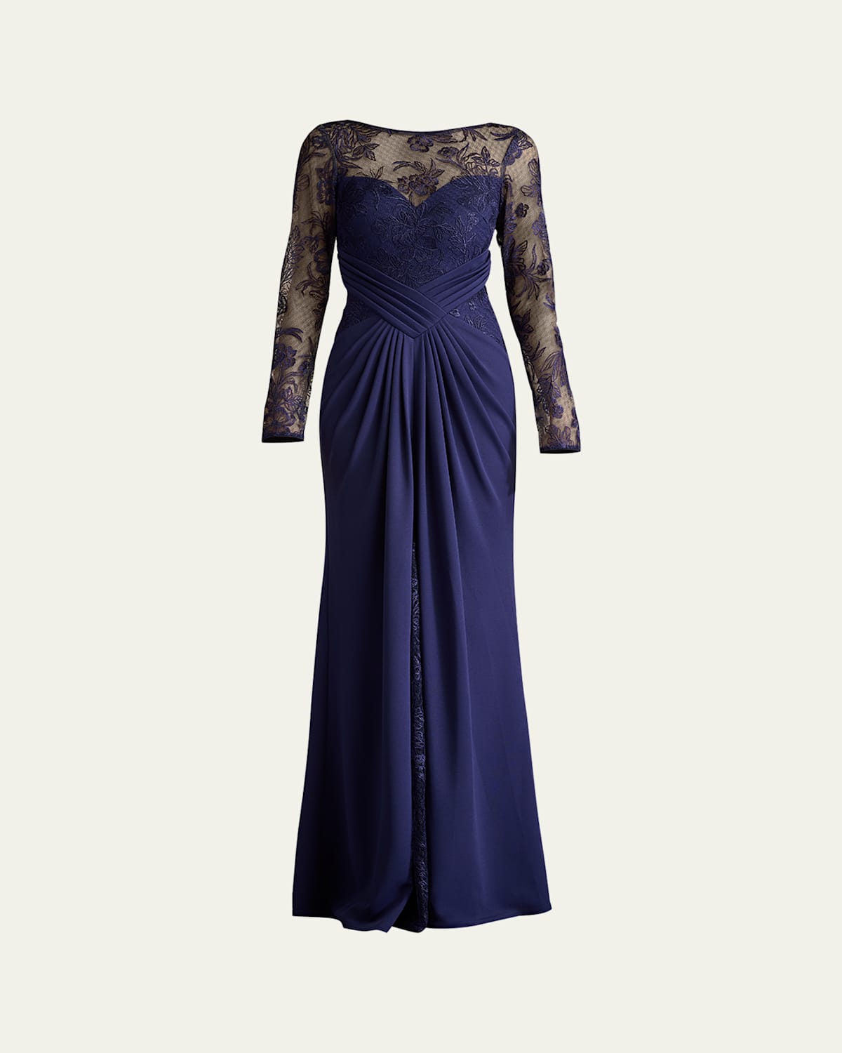 Tadashi Shoji Floral Embroidery Long Sleeve Mixed Media Gown In Notte
