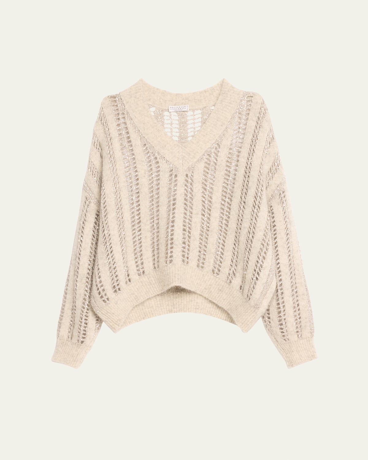 Shop Brunello Cucinelli Mohair Wool Lattice Knit Sweater With Paillette Detail In Pearl Grey