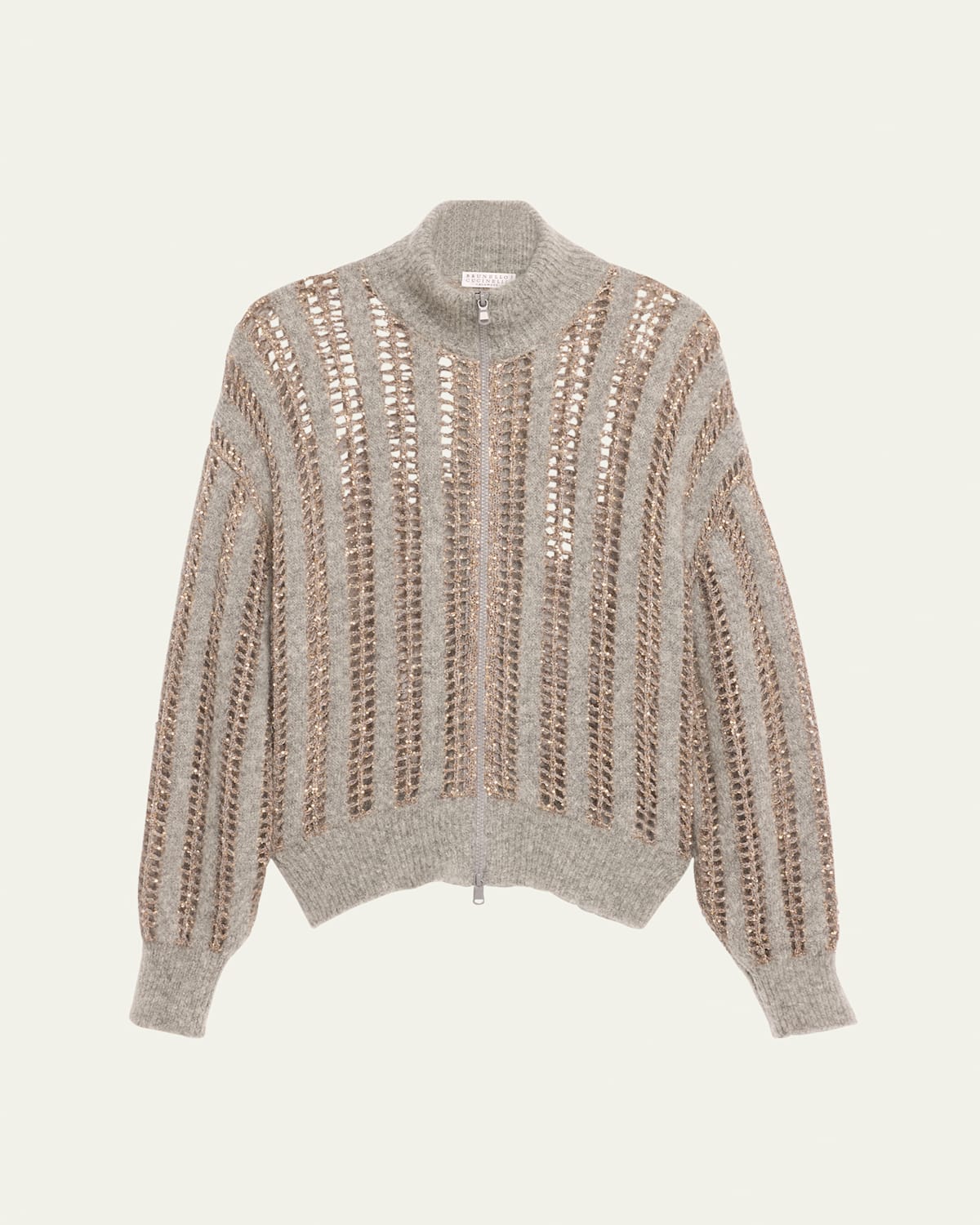 Brunello Cucinelli Mohair Wool Lattice Knit Zip-up Cardigan With Paillette Detail In Medium Grey