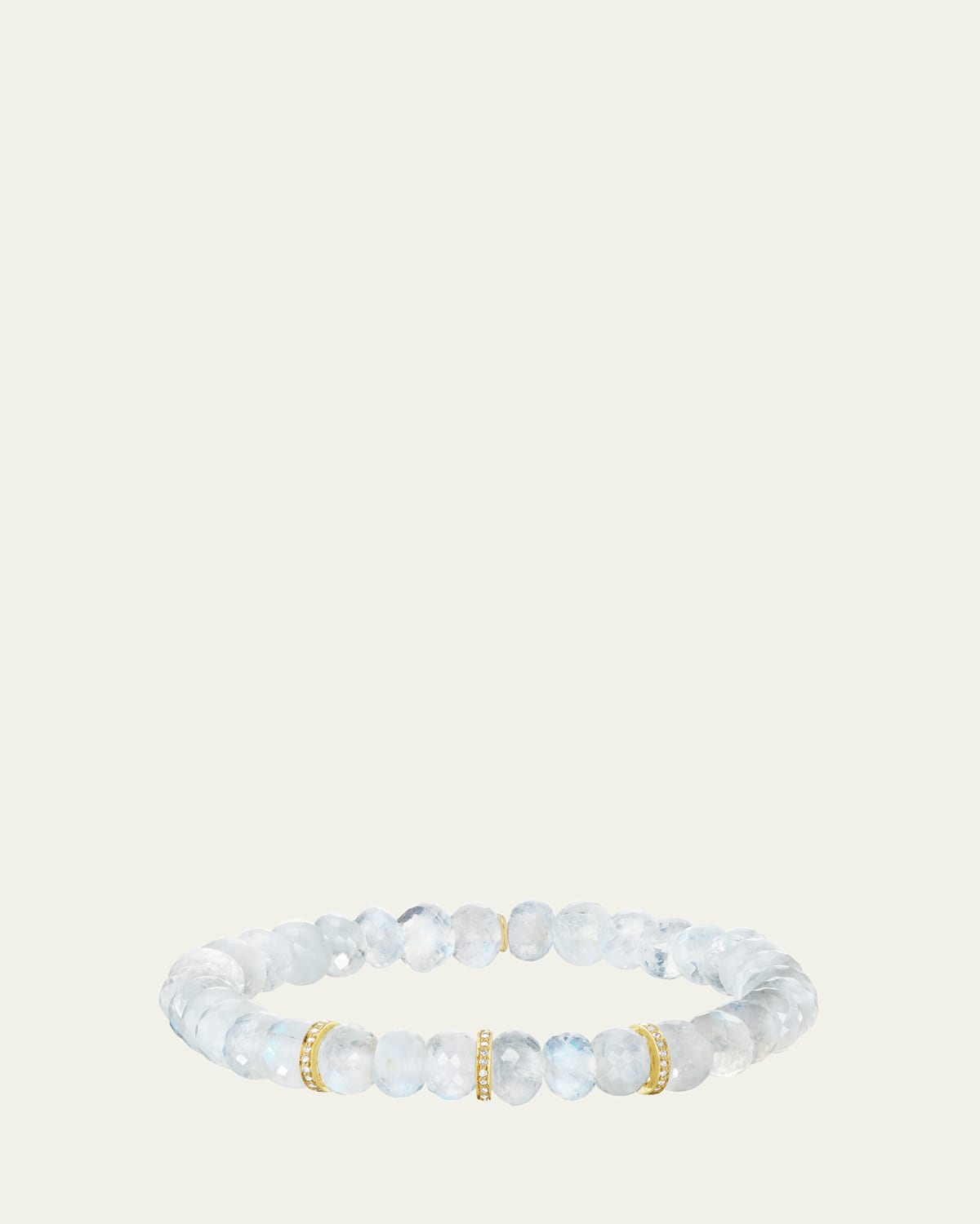 14K Rainbow Moonstone 8mm Beaded Bracelet with 3 Pave Diamond Rondelles