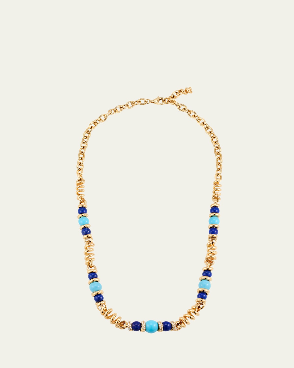 18K Yellow Gold Turquoise and Lapis Single Diamond Slinkee Necklace