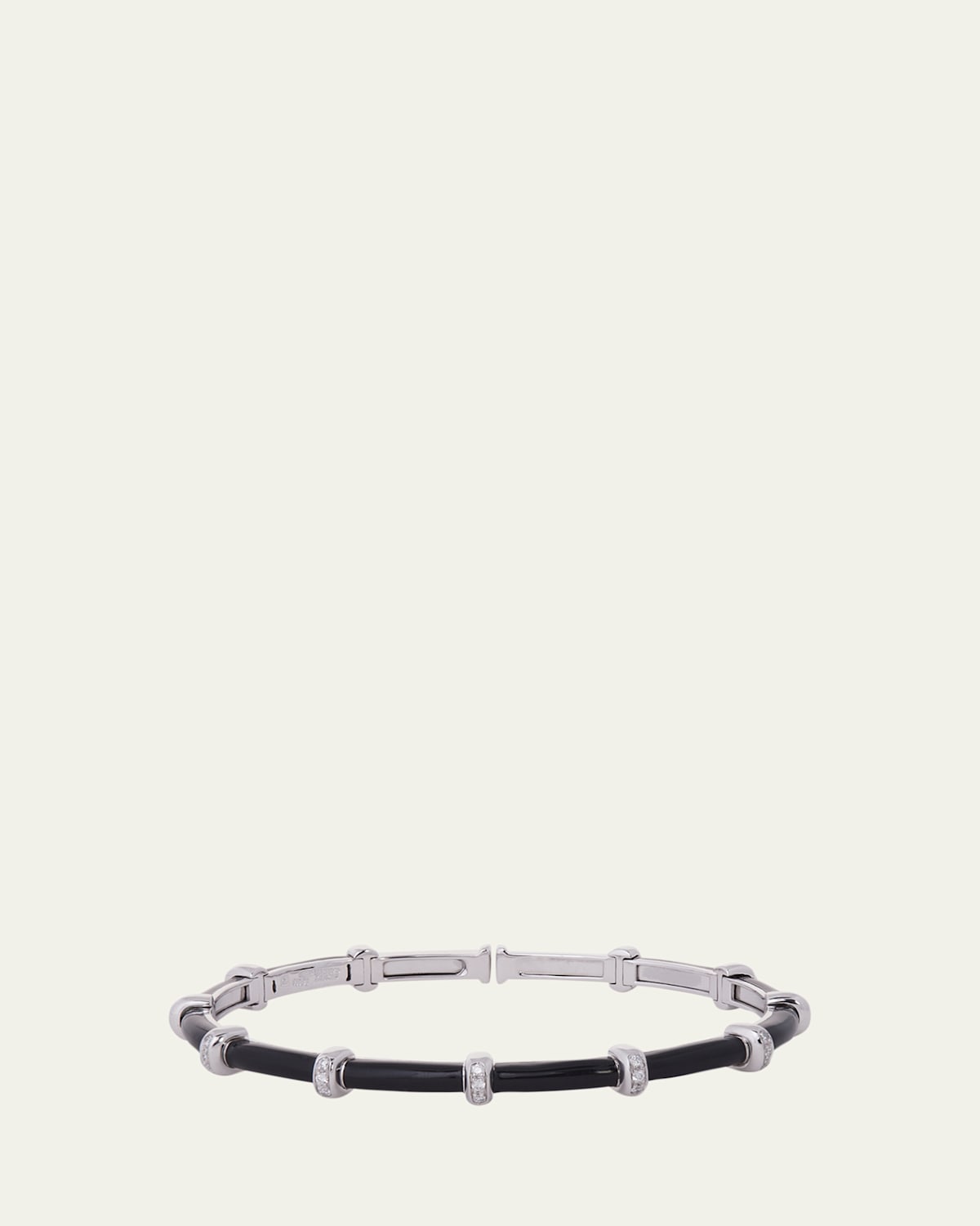 18K White Gold Diamond and Small Dome Black Enamel Bars Oval Spring Carly Bracelet, Size 55x45mm