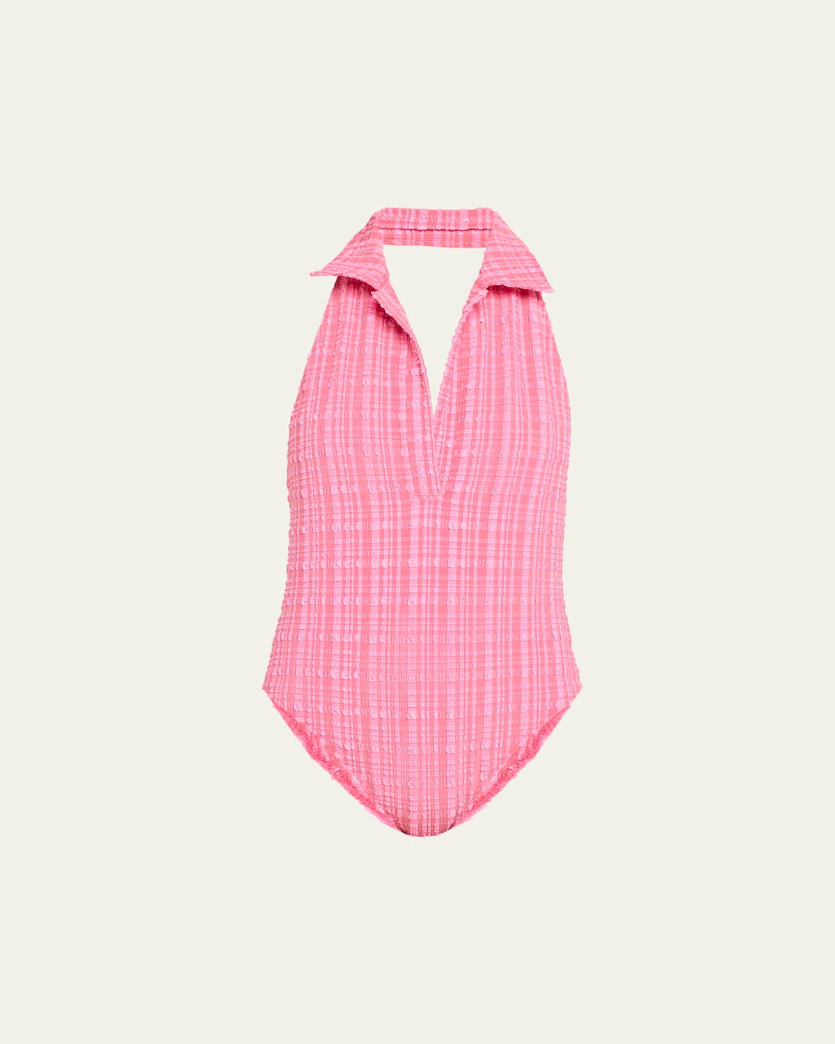 Lisa Marie Fernandez Polo Striped Seersucker Halterneck Swimsuit In Fss Fuchsia Striped Seersucker