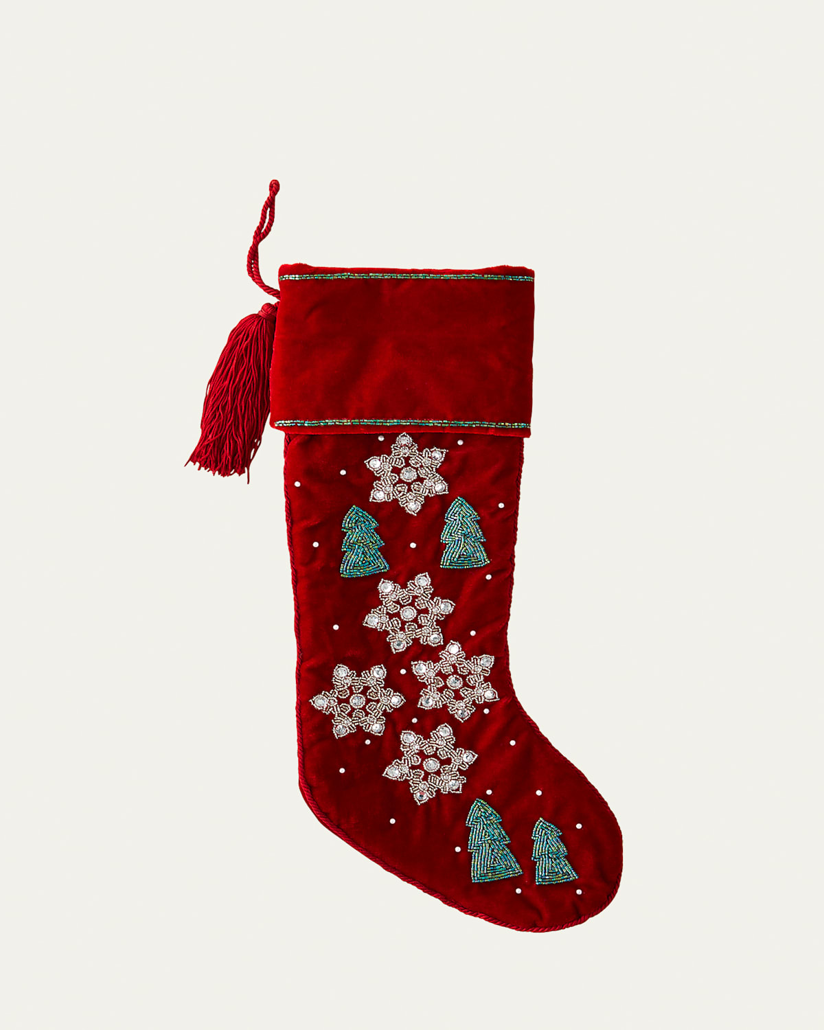 Snowflakes and Trees Hand-Beaded Christmas Stocking