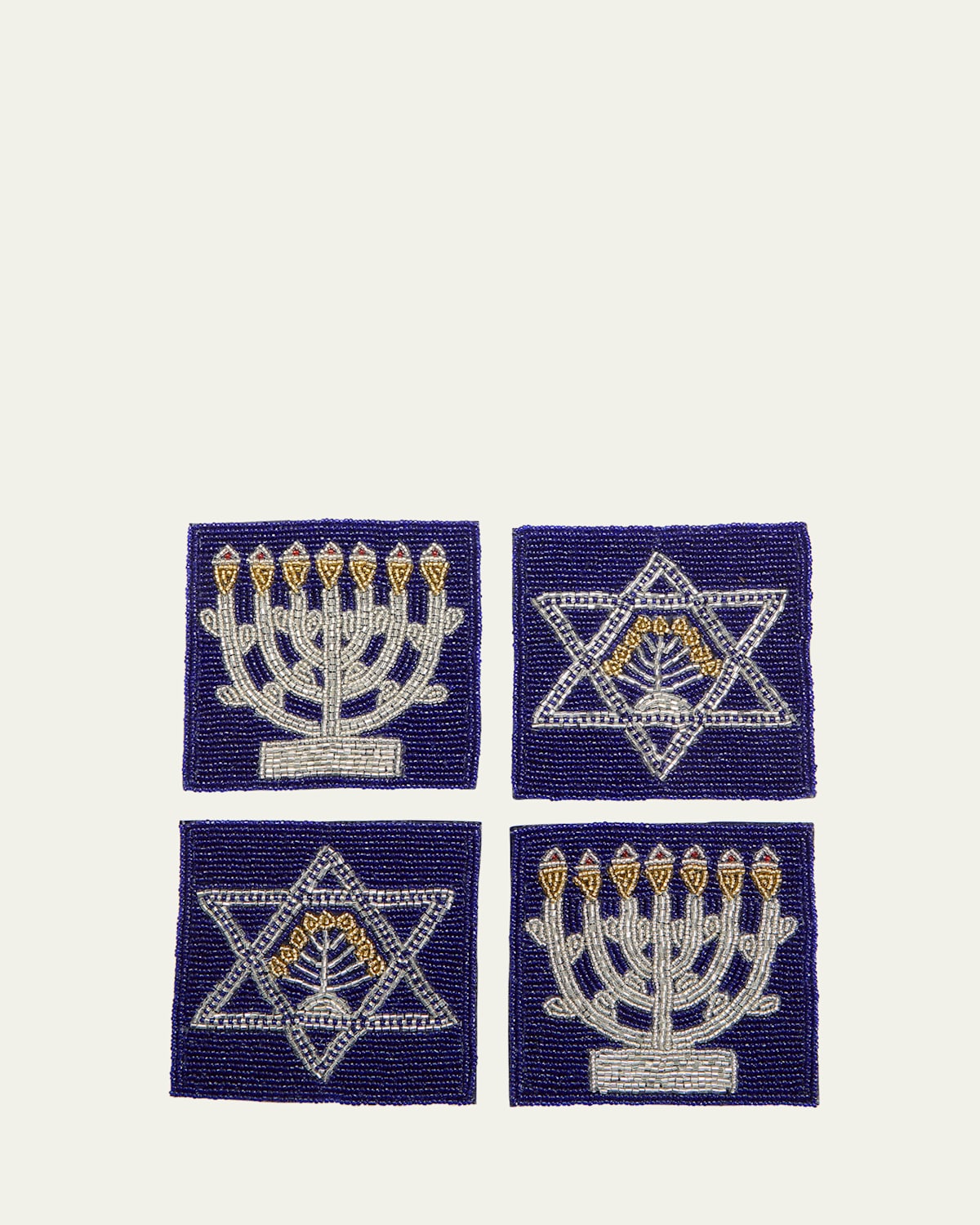 Beaded Star of David and Menorah Coasters, Set of 4