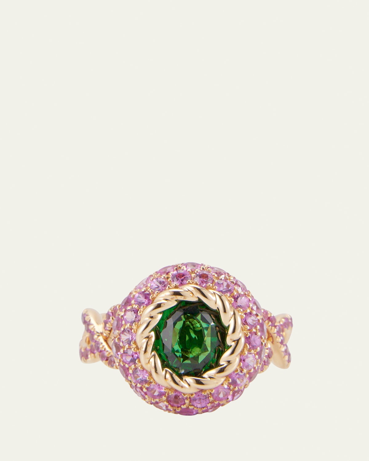 18K Yellow Gold Green Fields Ring with Tsavorite and Pink Sapphires