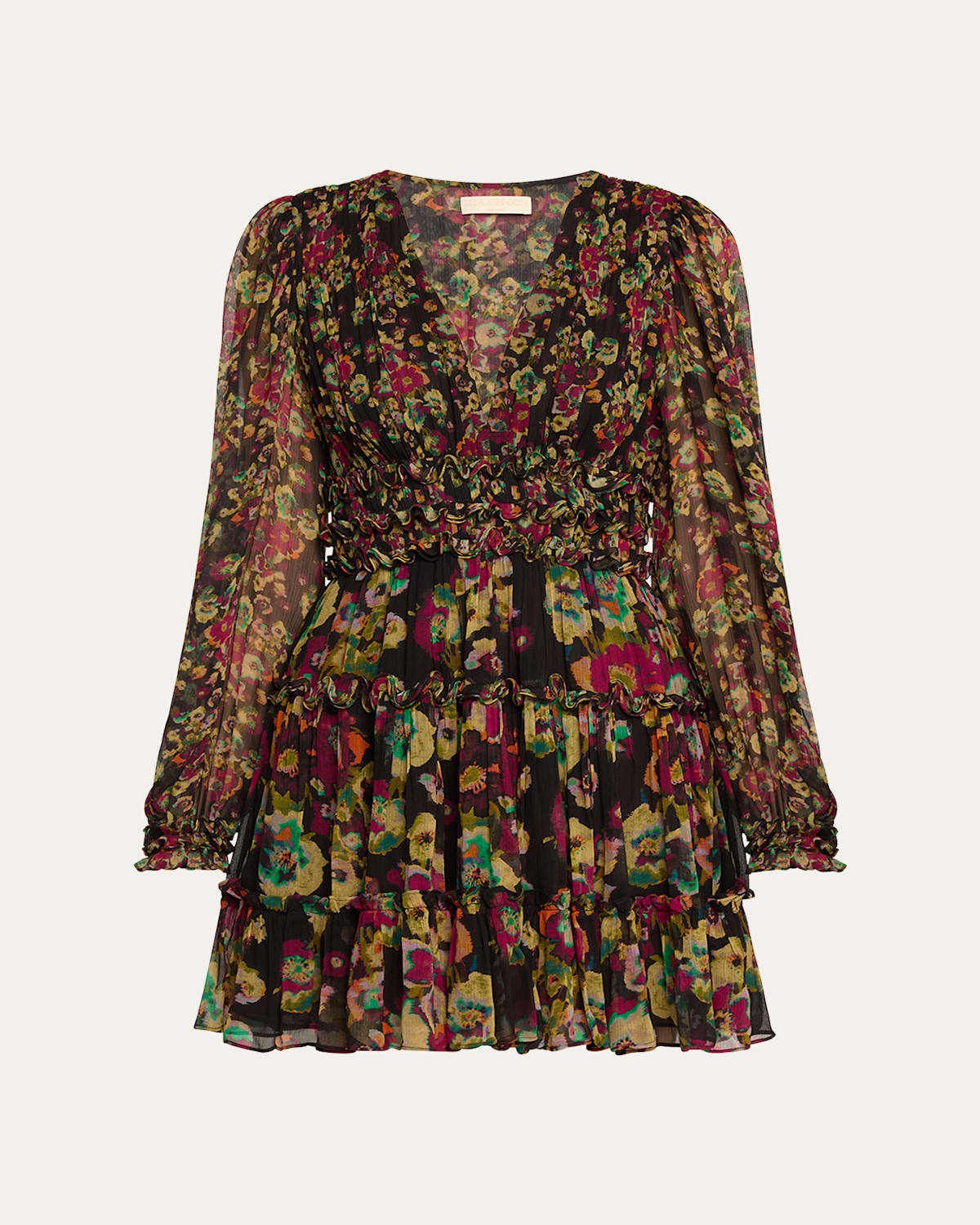 Ulla Johnson Lya Floral Silk Tiered V-neck Mini Dress In Cosmic