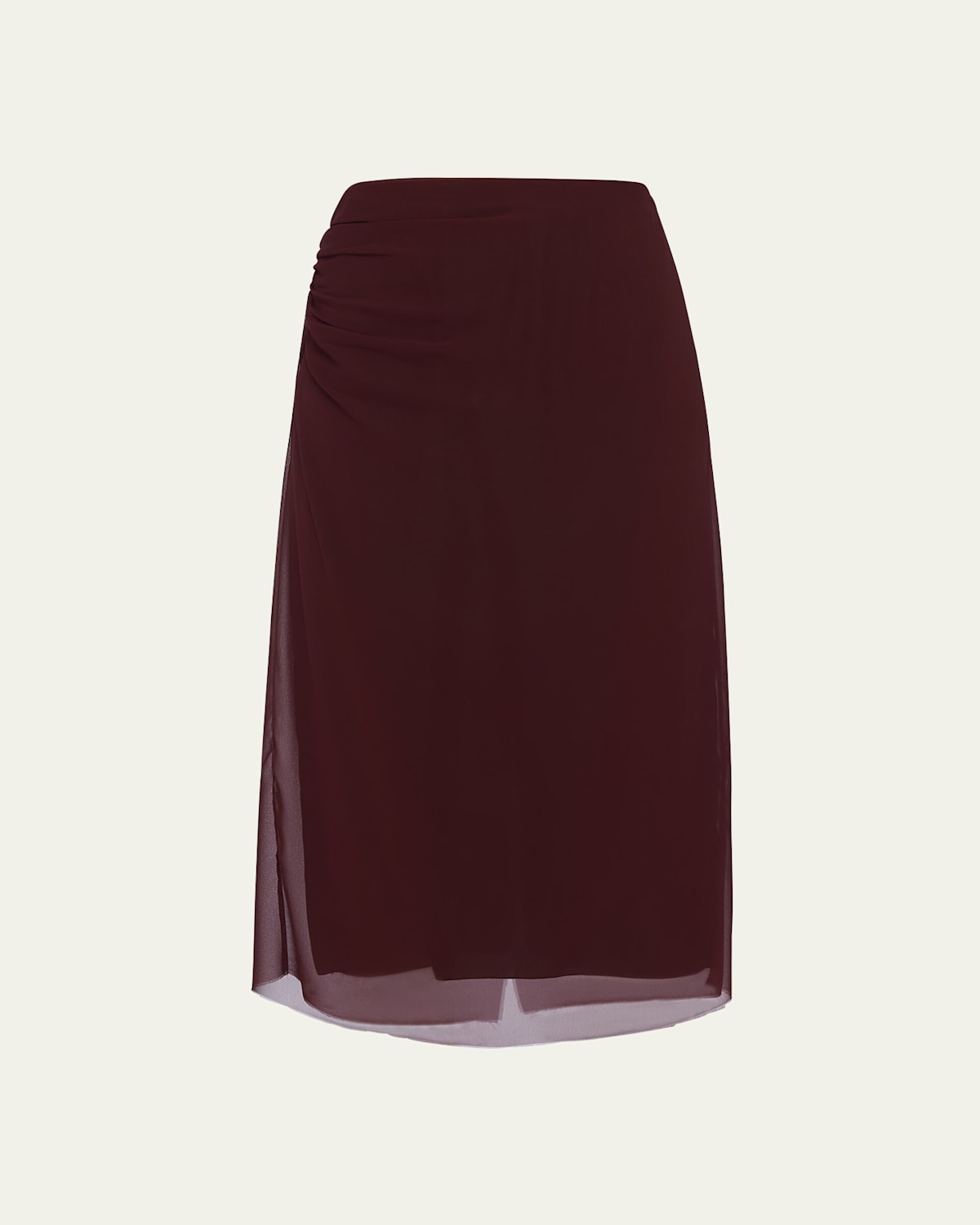 Prada Sheer Overlay Midi Length Skirt With Ruched Detailing In Bordeaux