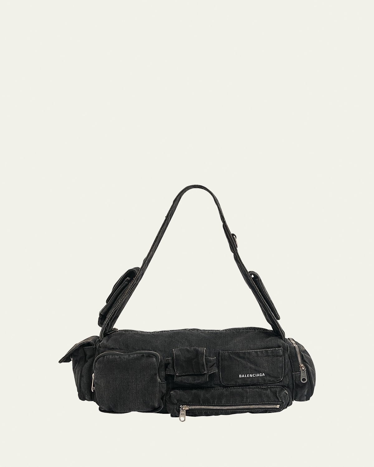 Balenciaga Superbusy Sling Washed Denim Shoulder Bag In Vintage Black