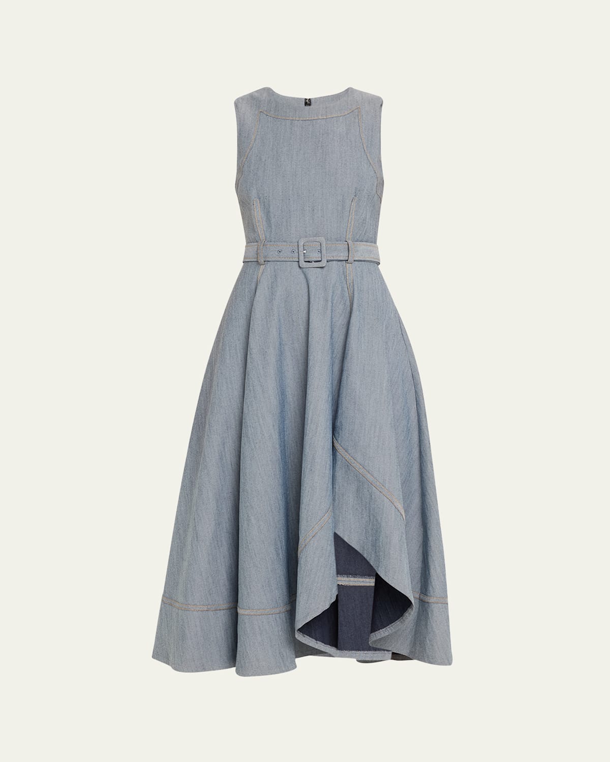 Cinq À Sept Zelda Belted Asymmetric Sleeveless Denim Midi Dress