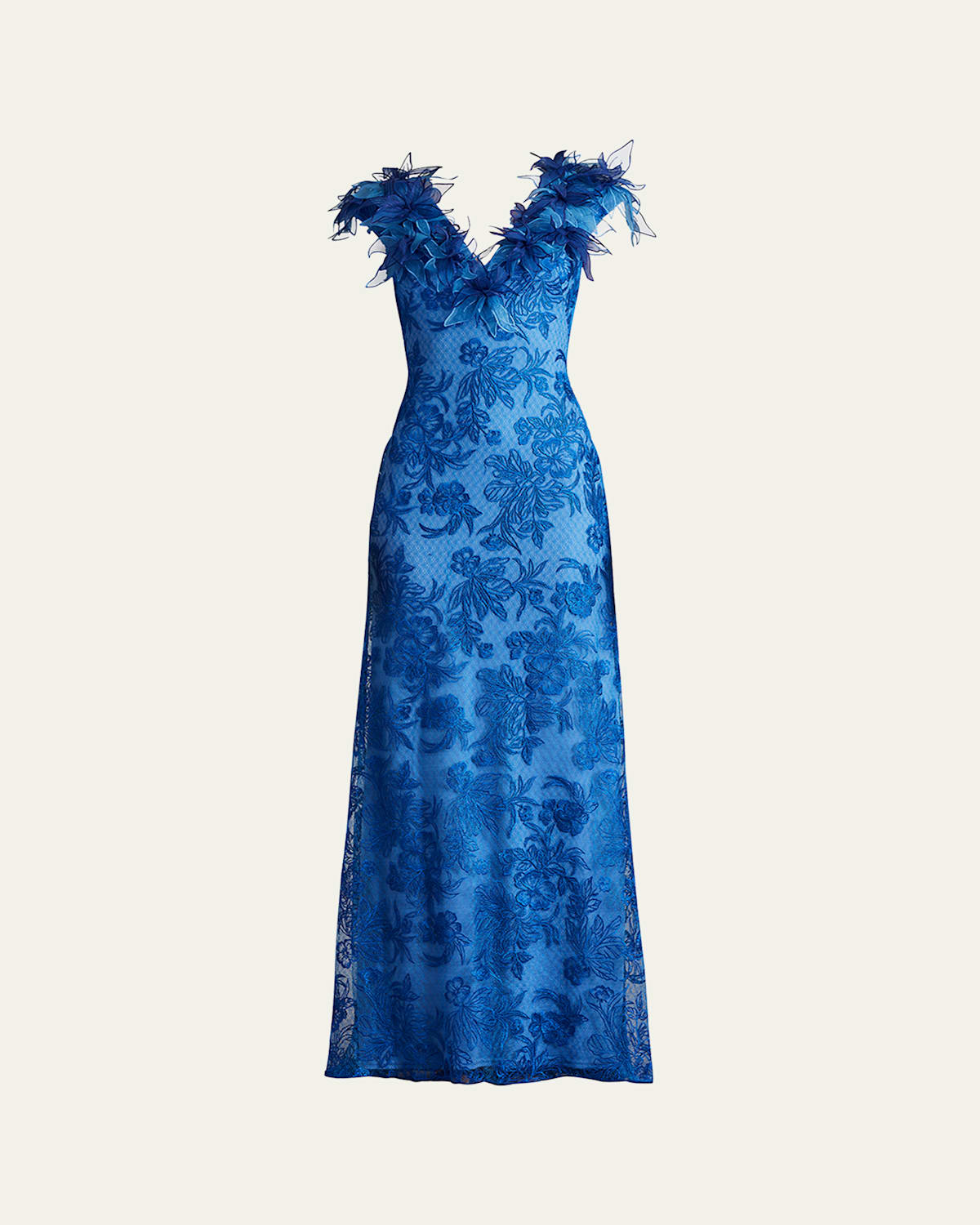 Tadashi Shoji A-line Floral-embroidered Applique Gown In Pacific Blue