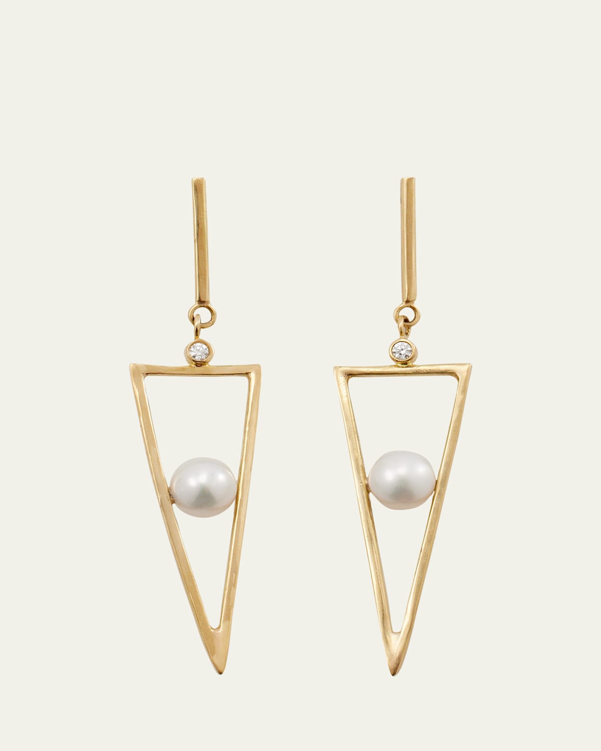 18K Yellow Gold Triangle Drop Hoop Earrings with White Diamonds and Freshwater Pearls