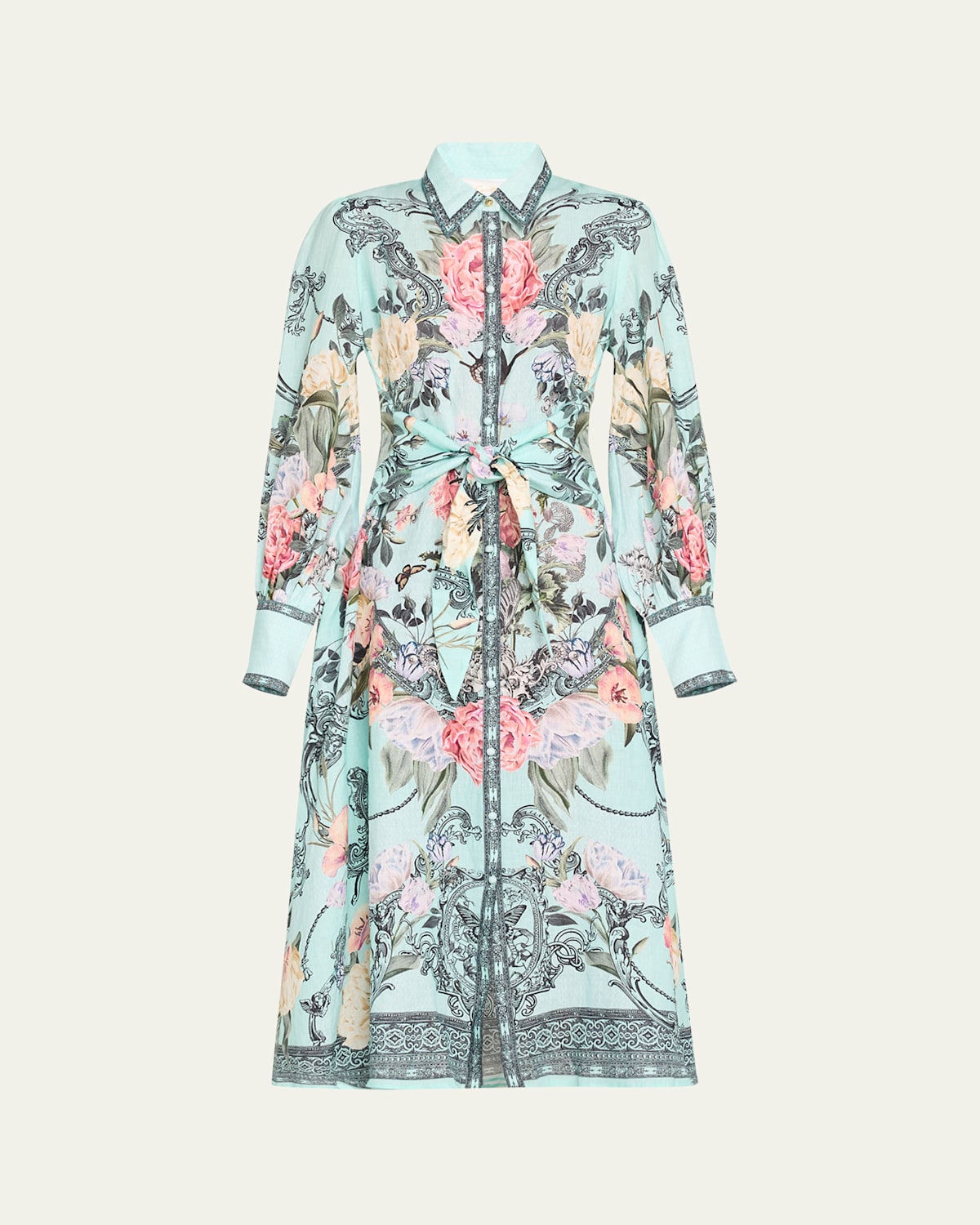 Camilla Waist-tie Floral Linen Maxi Shirtdress In Petal Promise Land