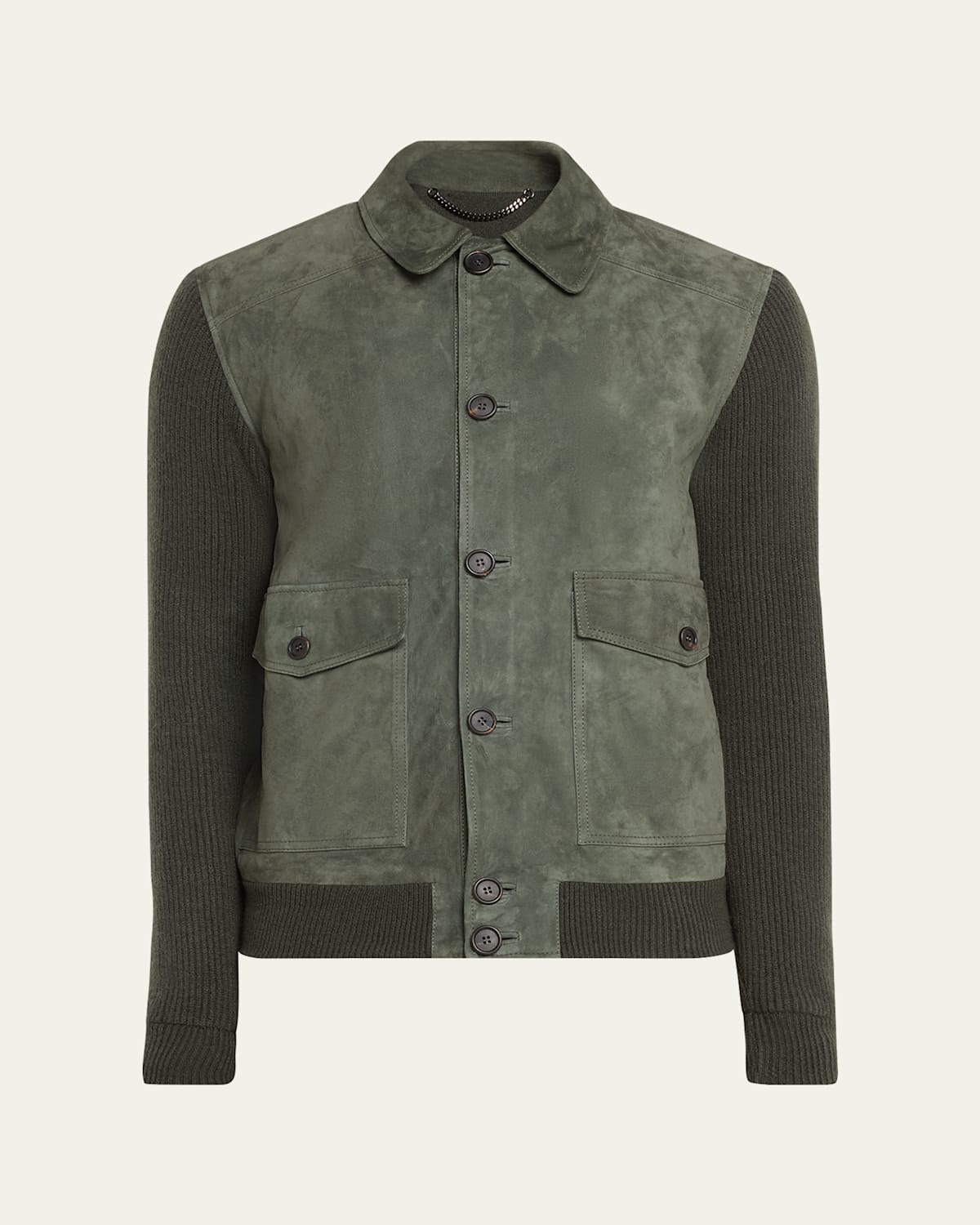 Men's Knit-Sleeve Suede Bomber Jacket