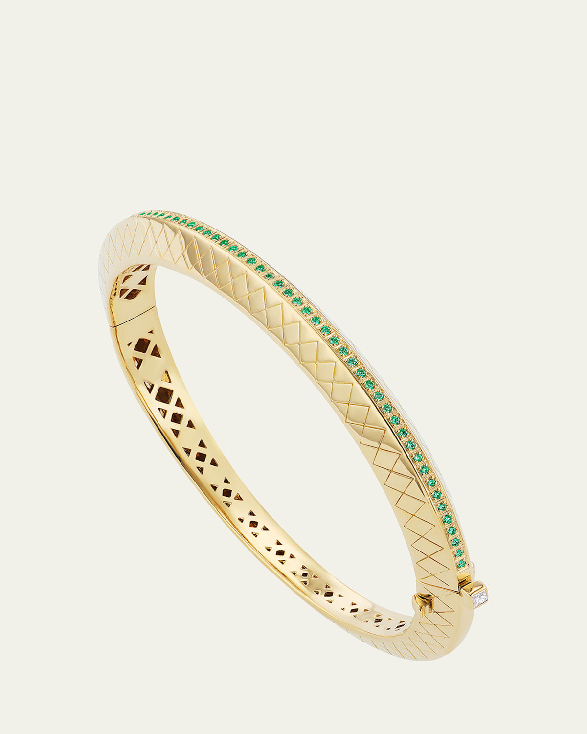 Orly Marcel 18K Yellow Gold Temple Tile Thing Bangle Bracelet with Emeralds