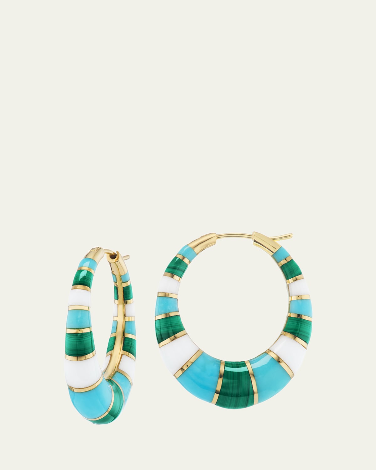 18K Yellow Gold Chunky Inlay Hoop Earrings with Malachite, Green Turquoise and White Onyx