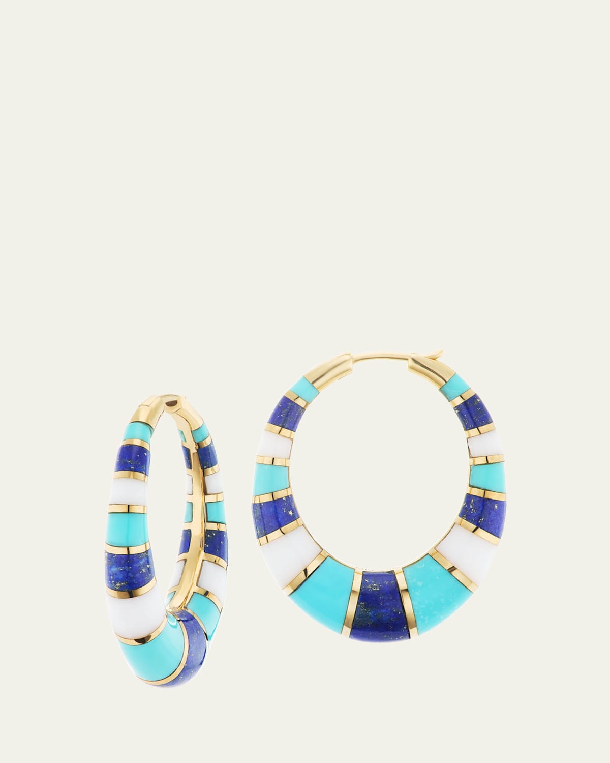 18K Yellow Gold Chunky Inlay Hoop Earrings with Lapis, Turquoise and White Onyx