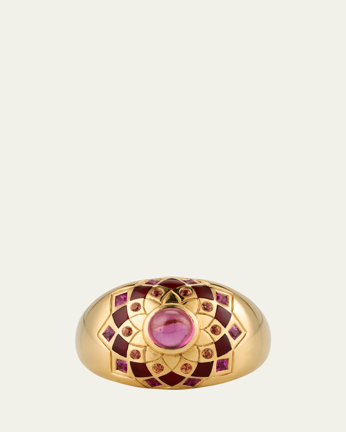 18K Yellow Gold Temple Mandala Dome Ring with Carnelian, Sapphires and Pink Tourmaline, Size 7