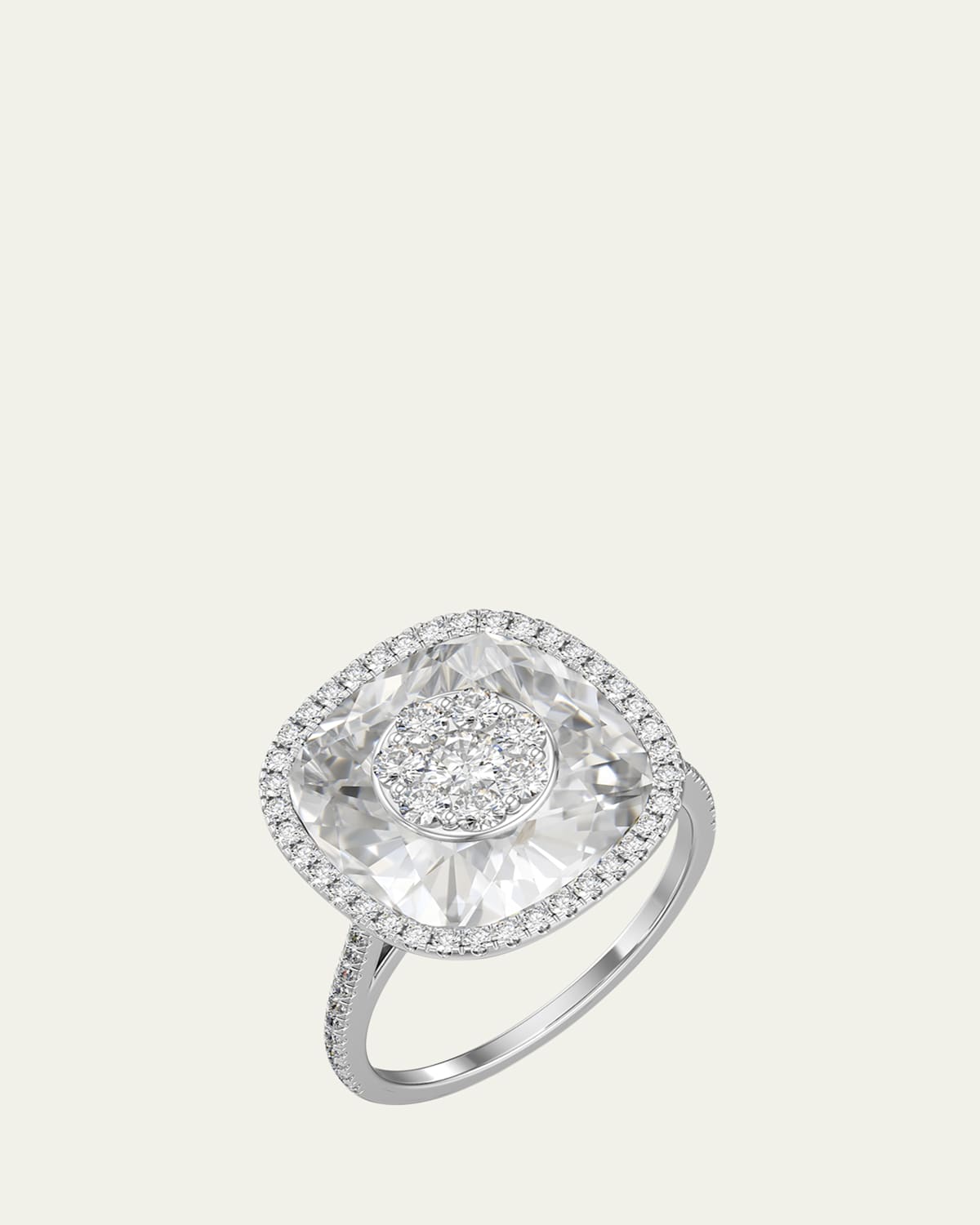 18K White Gold 13mm Cushion-Cut Ring with Diamonds, Size 6.5