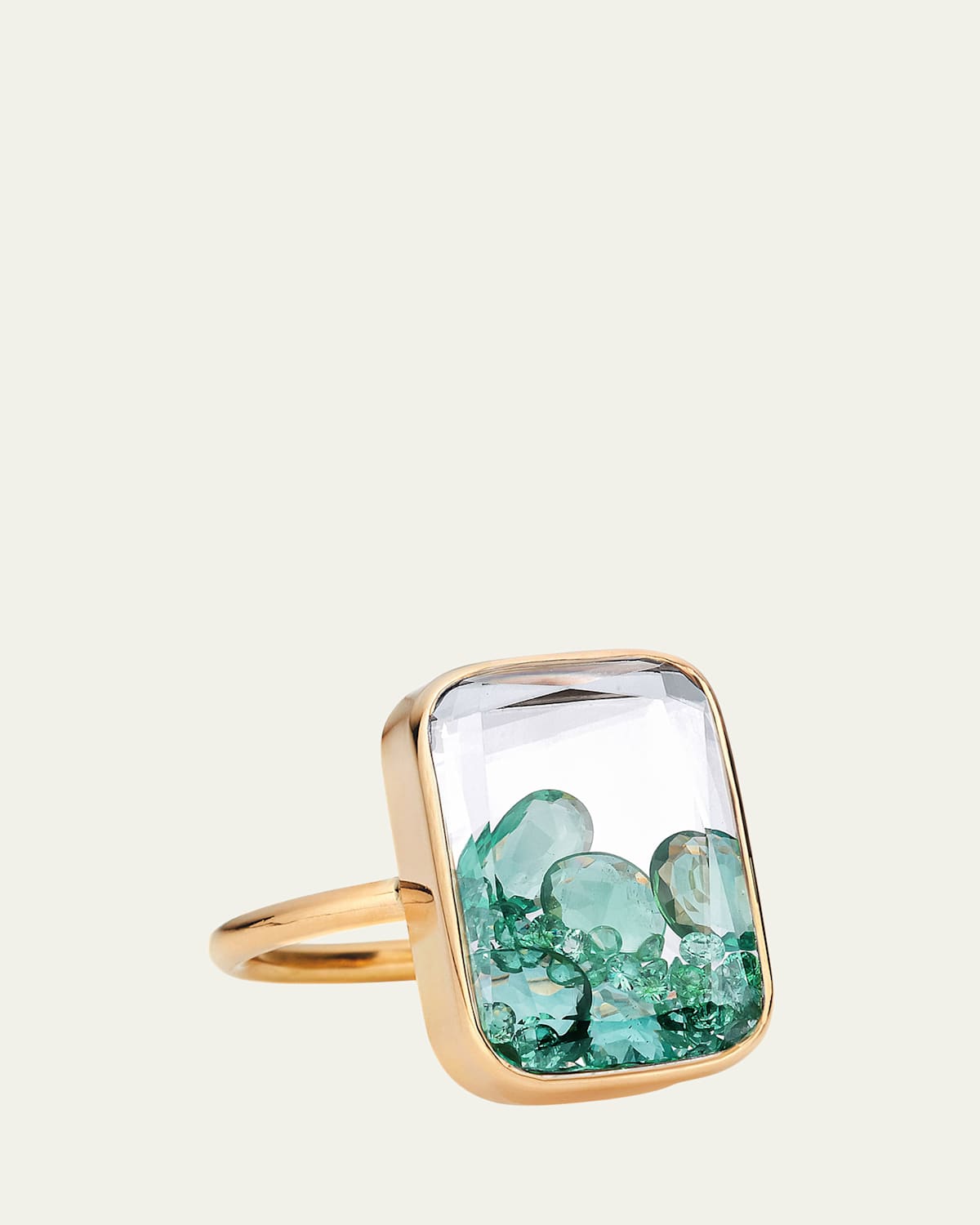 18K Yellow Gold Ten Fourteen Emerald Rose Cut Ring with Kaleidoscope Shaker
