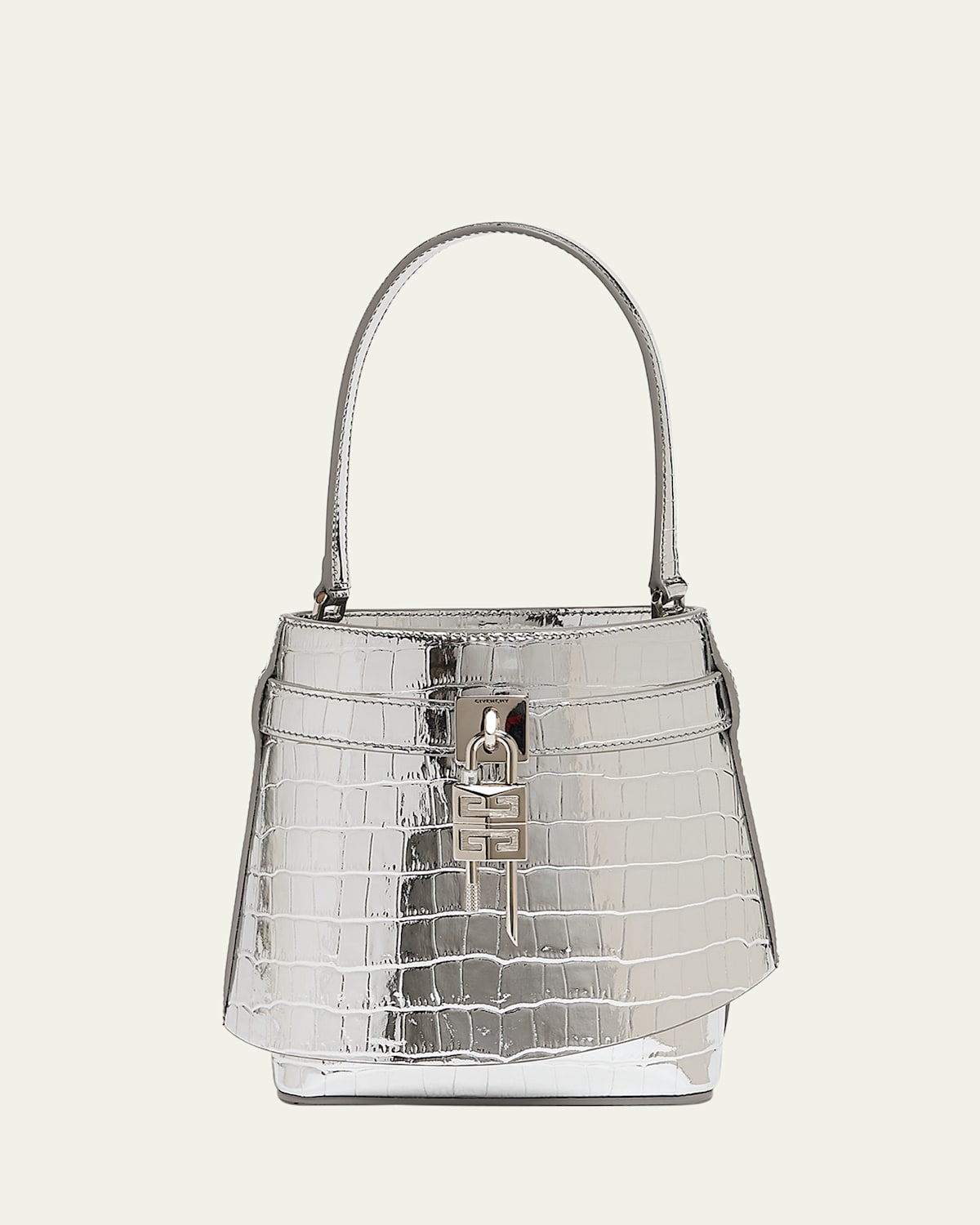 Shark Lock Bucket Bag in Metallic Croc-Embossed Leather