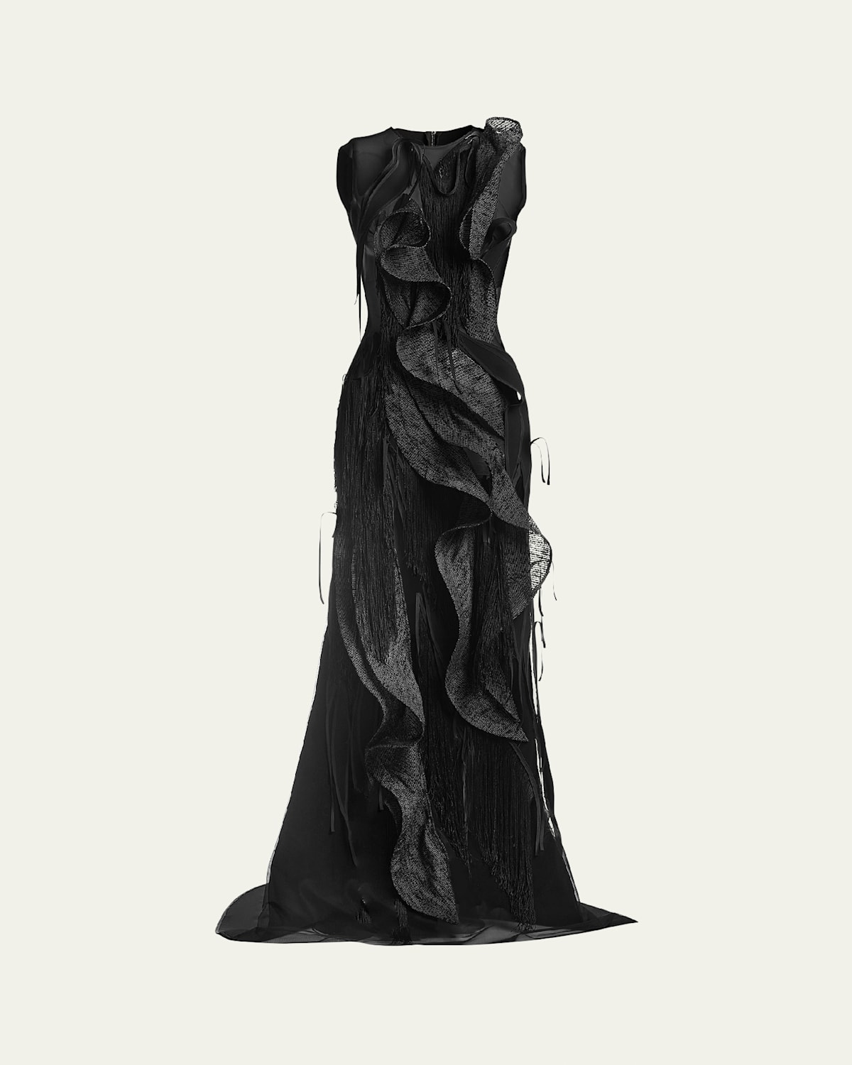 Hedone Sheer Fringe Ruffle Gown