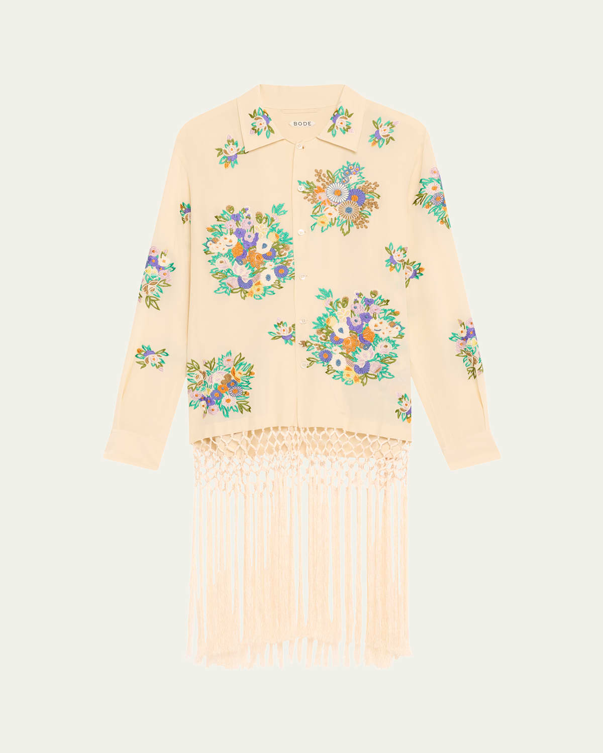 BODE FLOWER LANGUAGE FRINGE EMBROIDERED SHIRT 