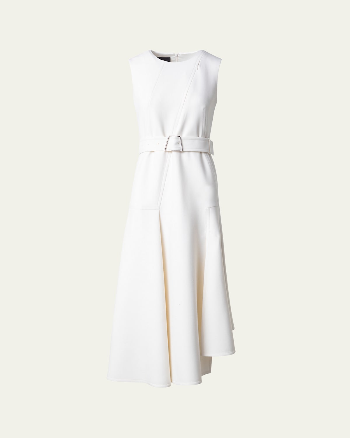 AKRIS ASYMMETRIC PLEATED WOOL MIDI DRESS WITH BELT 