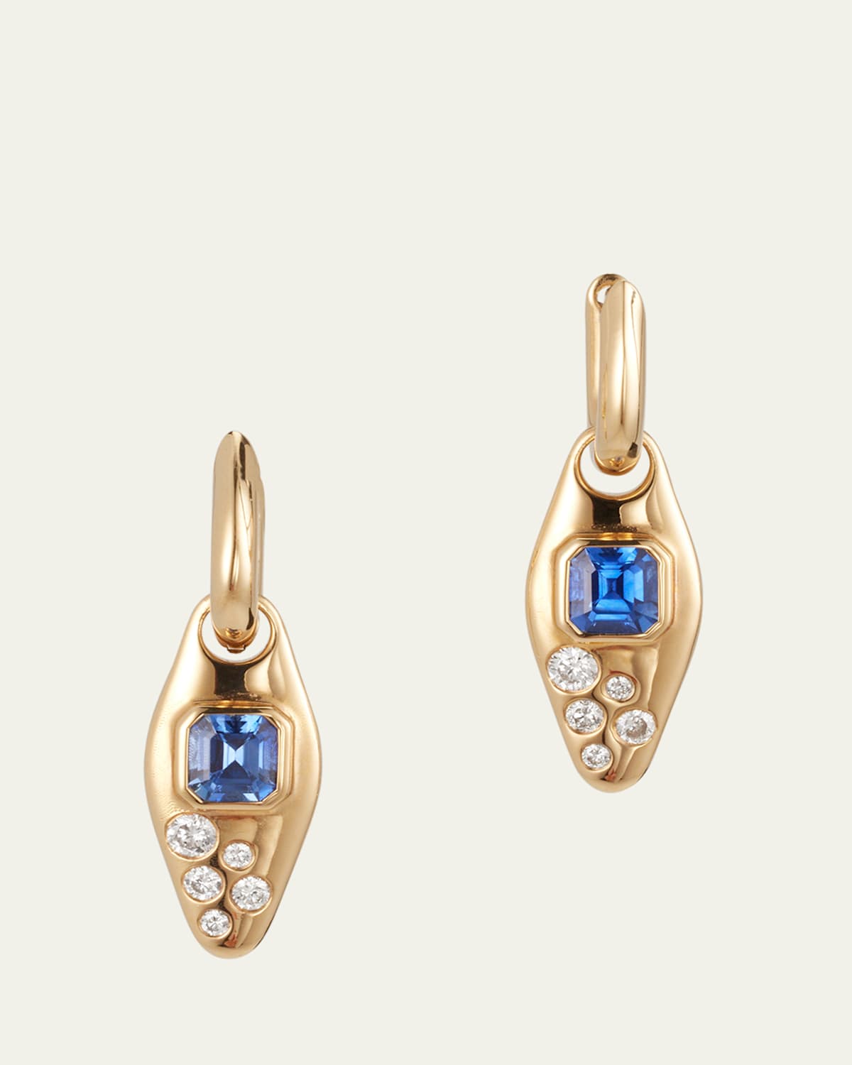 18K Yellow Gold Blue Sapphire And Diamond Vessel Huggie Earrings