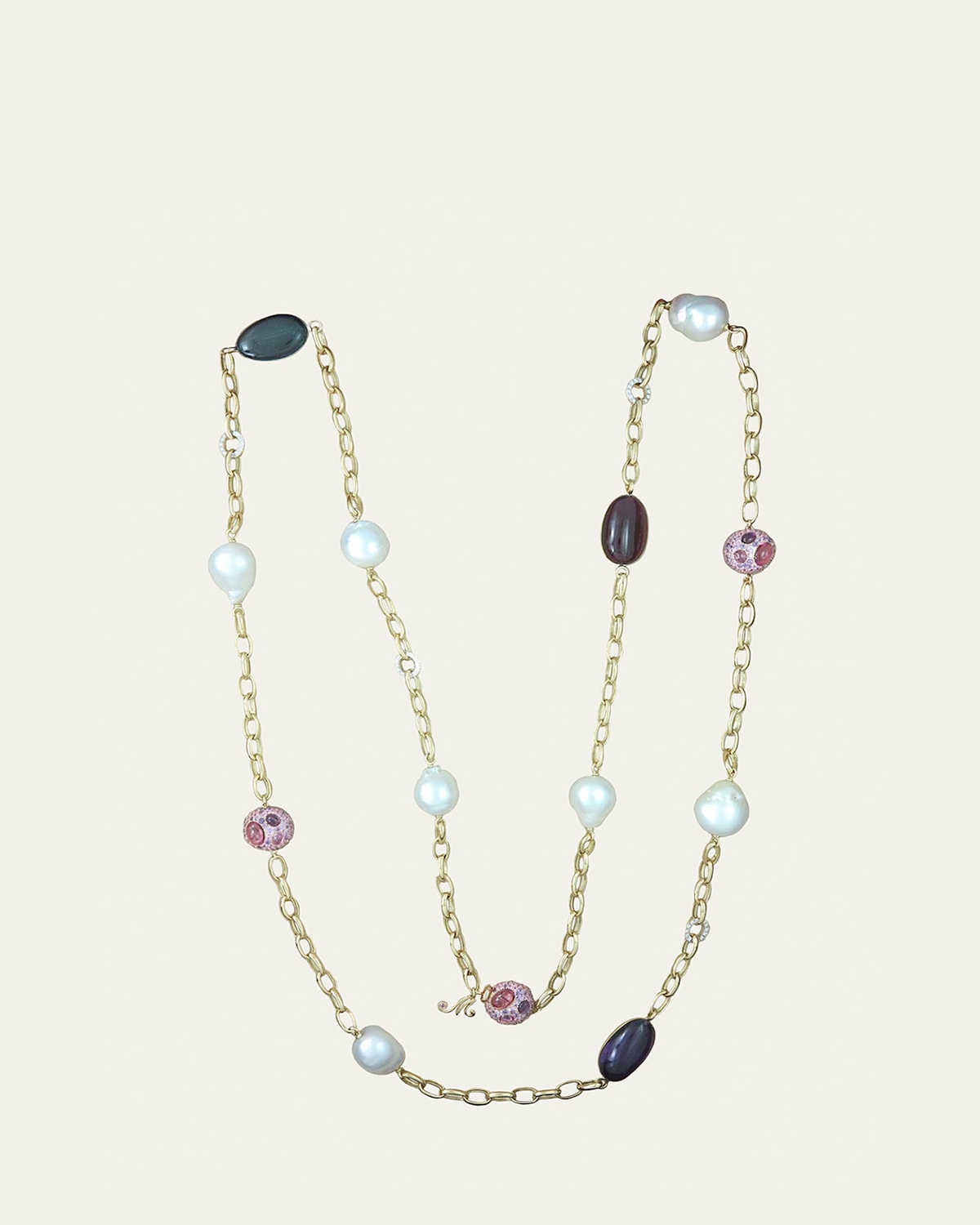 18K White Gold 7 South Sea Pearl Link Necklace with Amethyst, Blue Topaz and Purple Cookies, 50"L
