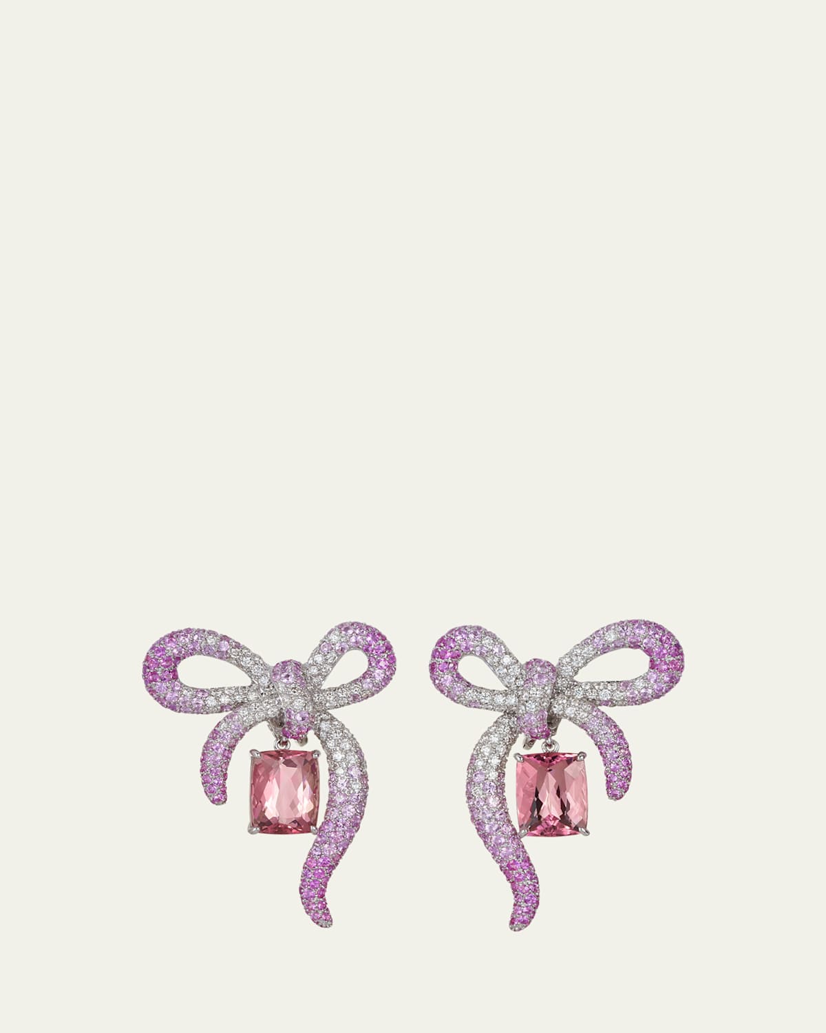 18K White Gold, Pink Tourmaline, and Diamond Bow Earrings