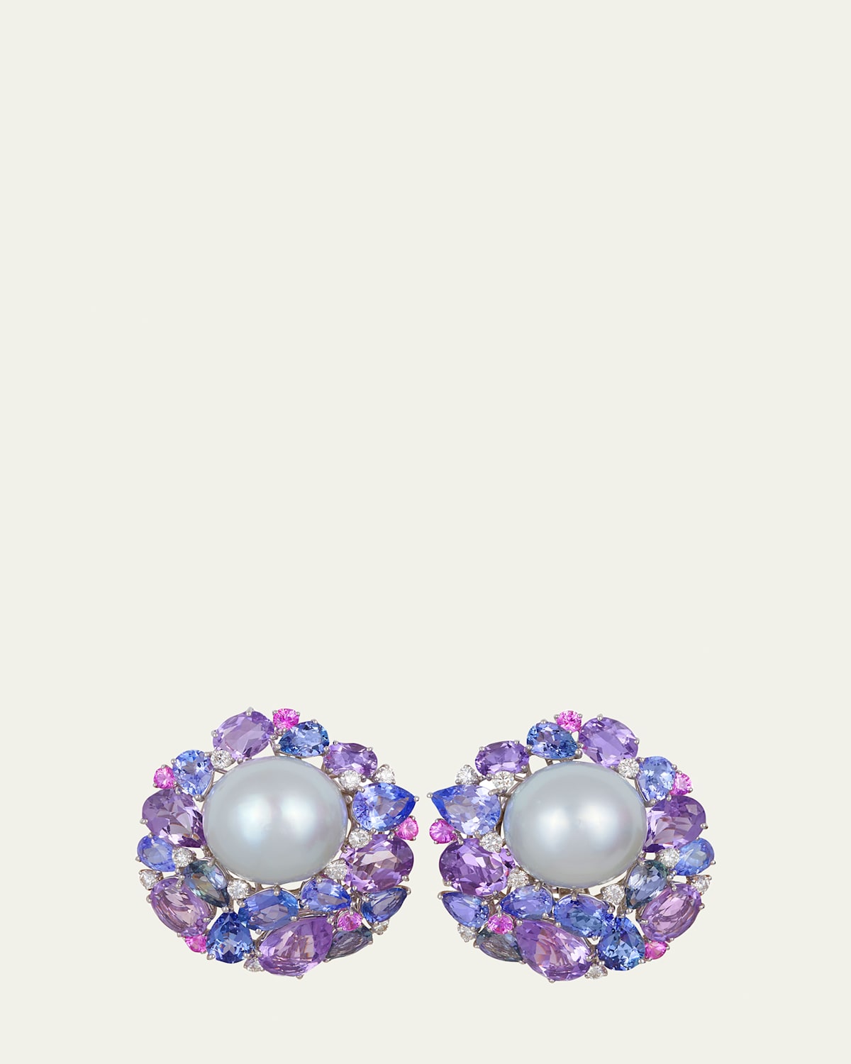 18K White Gold Multi-Stone 18mm South Sea Pearl Button Earrings