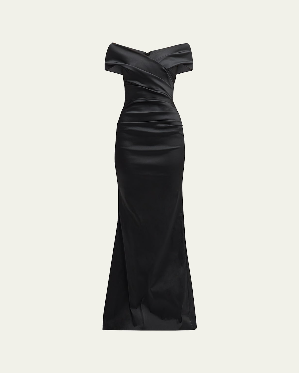 Rickie Freeman For Teri Jon Pleated Off-shoulder Satin Column Gown In Black